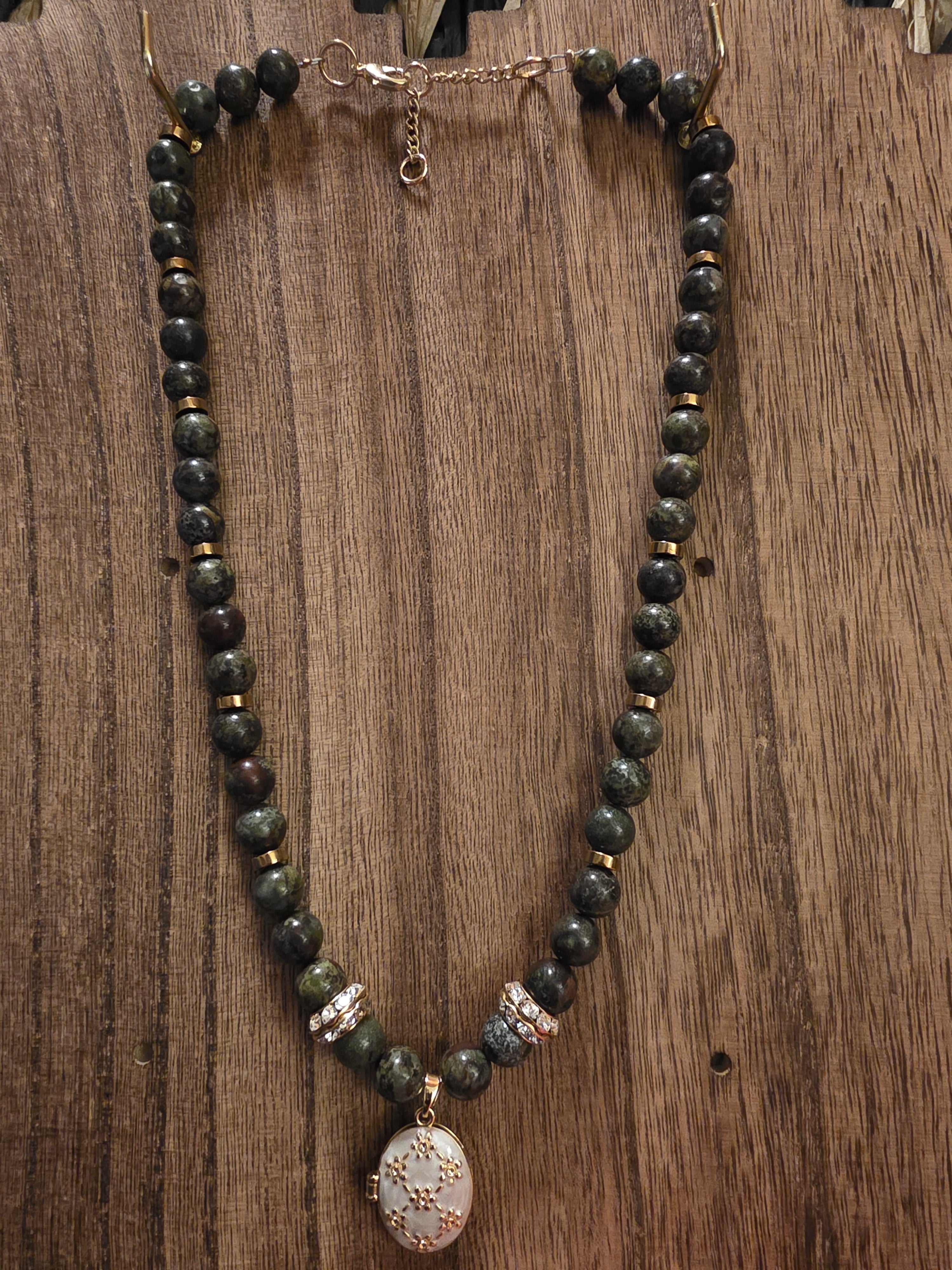 17" Green Epidote Necklace + 2" Ext w/ Floral Locket