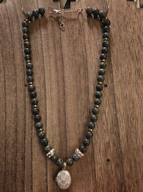 17" Green Epidote Necklace + 2" Ext w/ Floral Locket