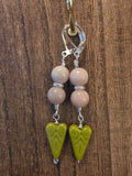 Vintage Pink Jasper & Green Leaf Glass Heart Drop Earrings