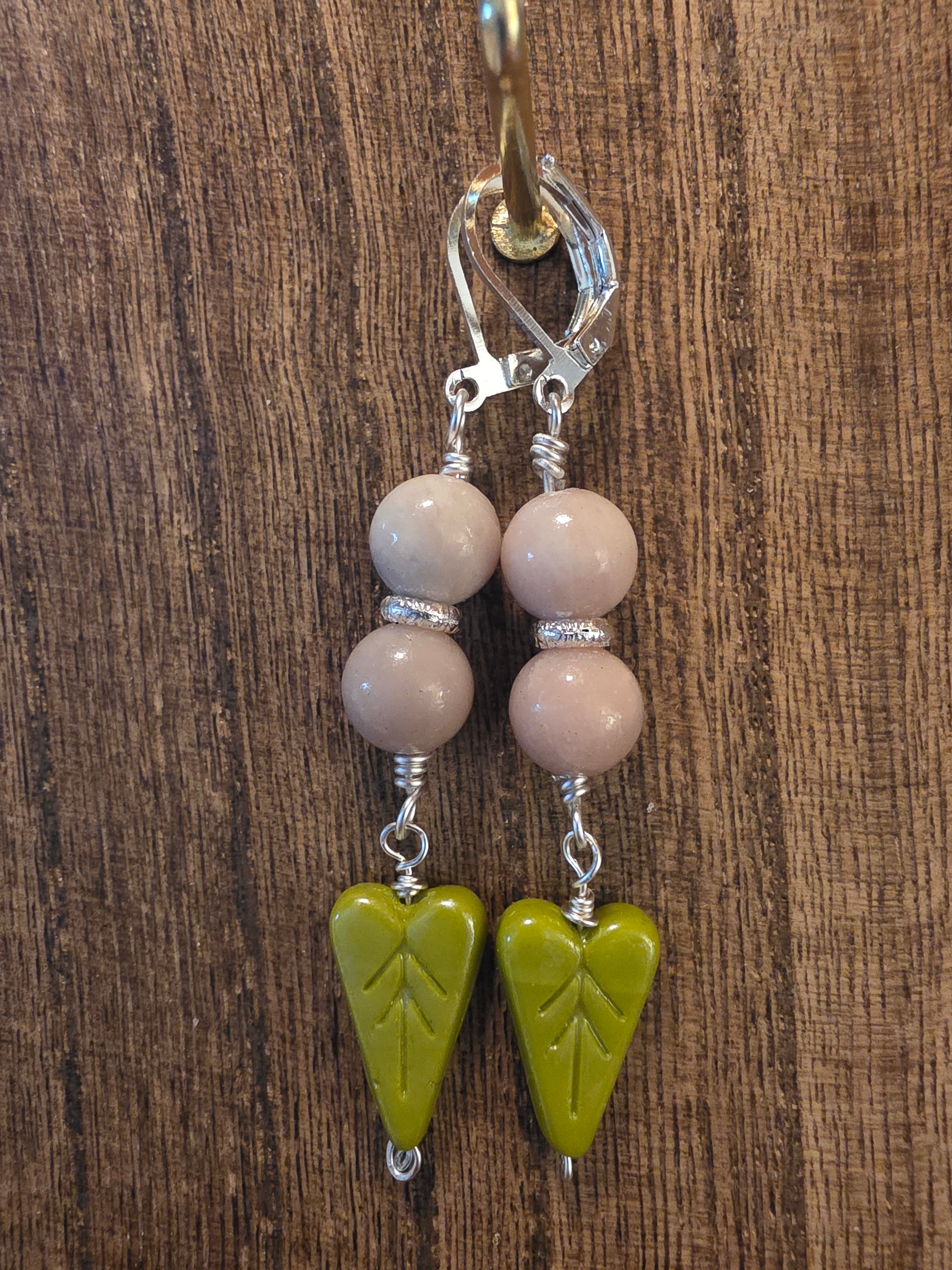 Vintage Pink Jasper & Green Leaf Glass Heart Drop Earrings