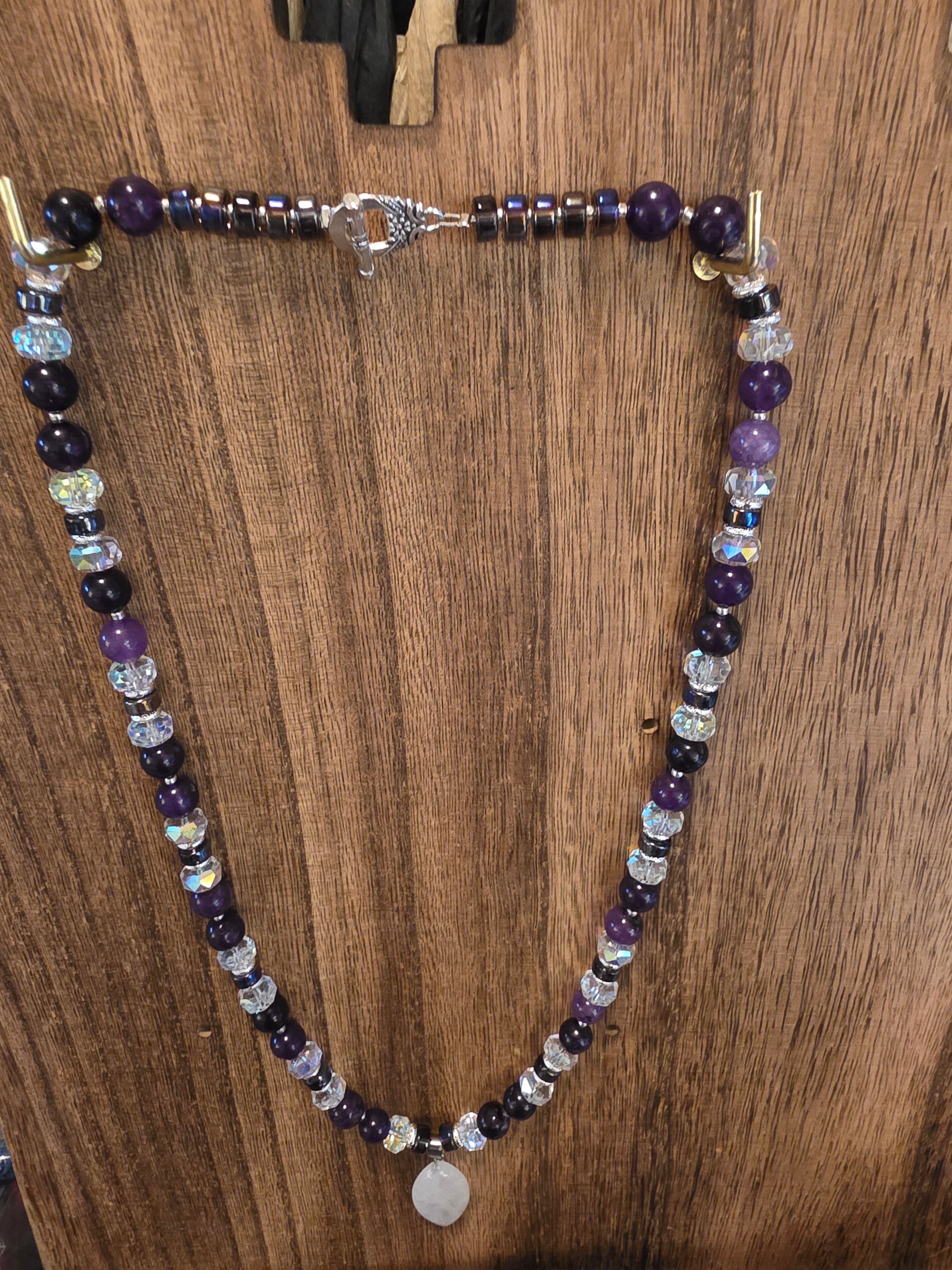 Moonstone Pendant Amethyst & Lavender Glass Beaded Necklace 22"