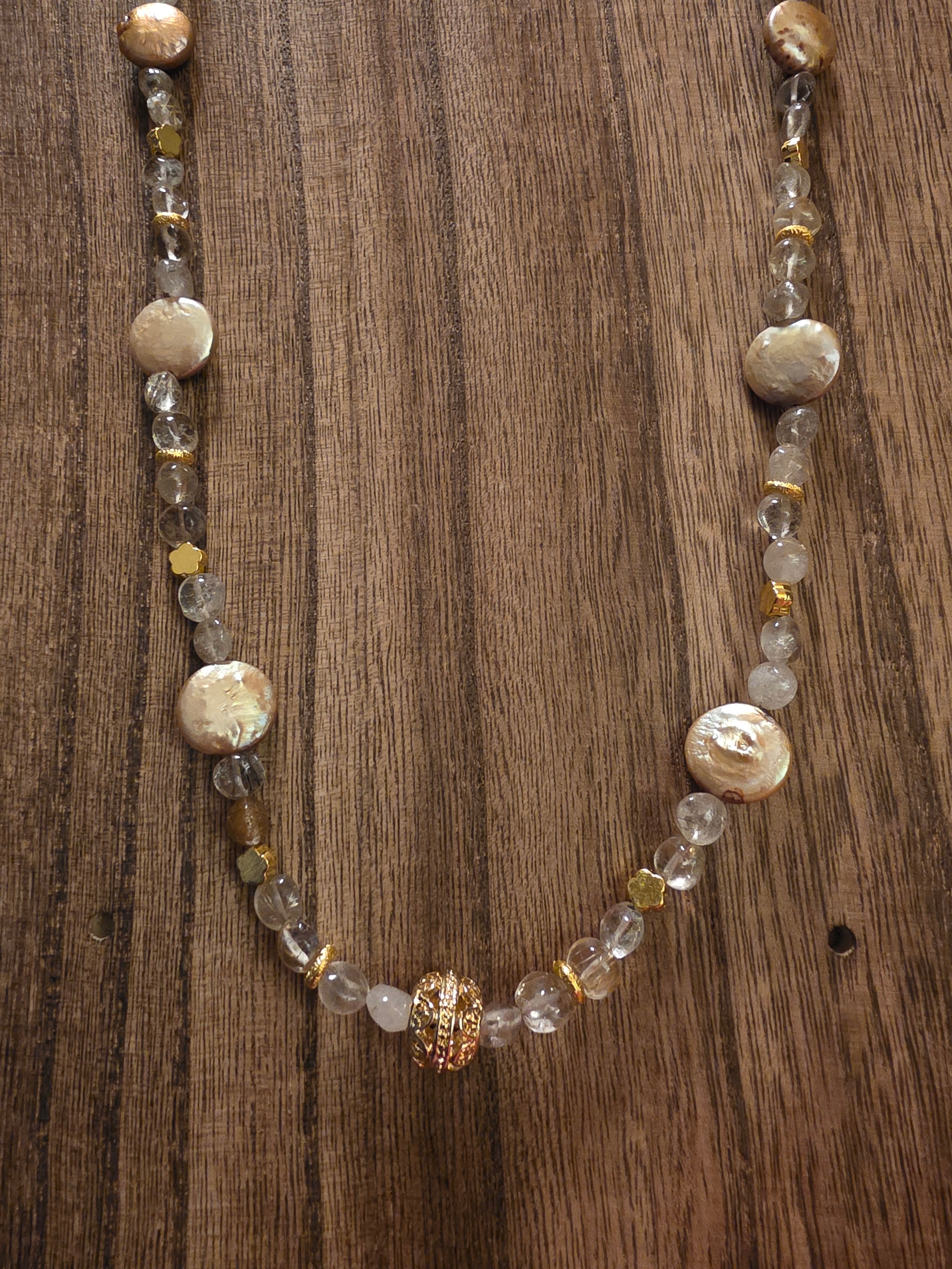 Artisan Gold Coin Pearl & Rutilated Quartz Necklace, 19"
