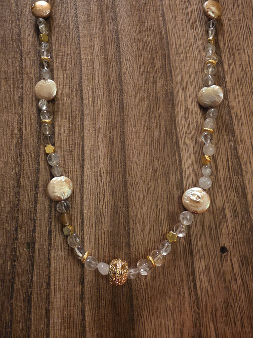 Artisan Gold Coin Pearl & Rutilated Quartz Necklace, 19"