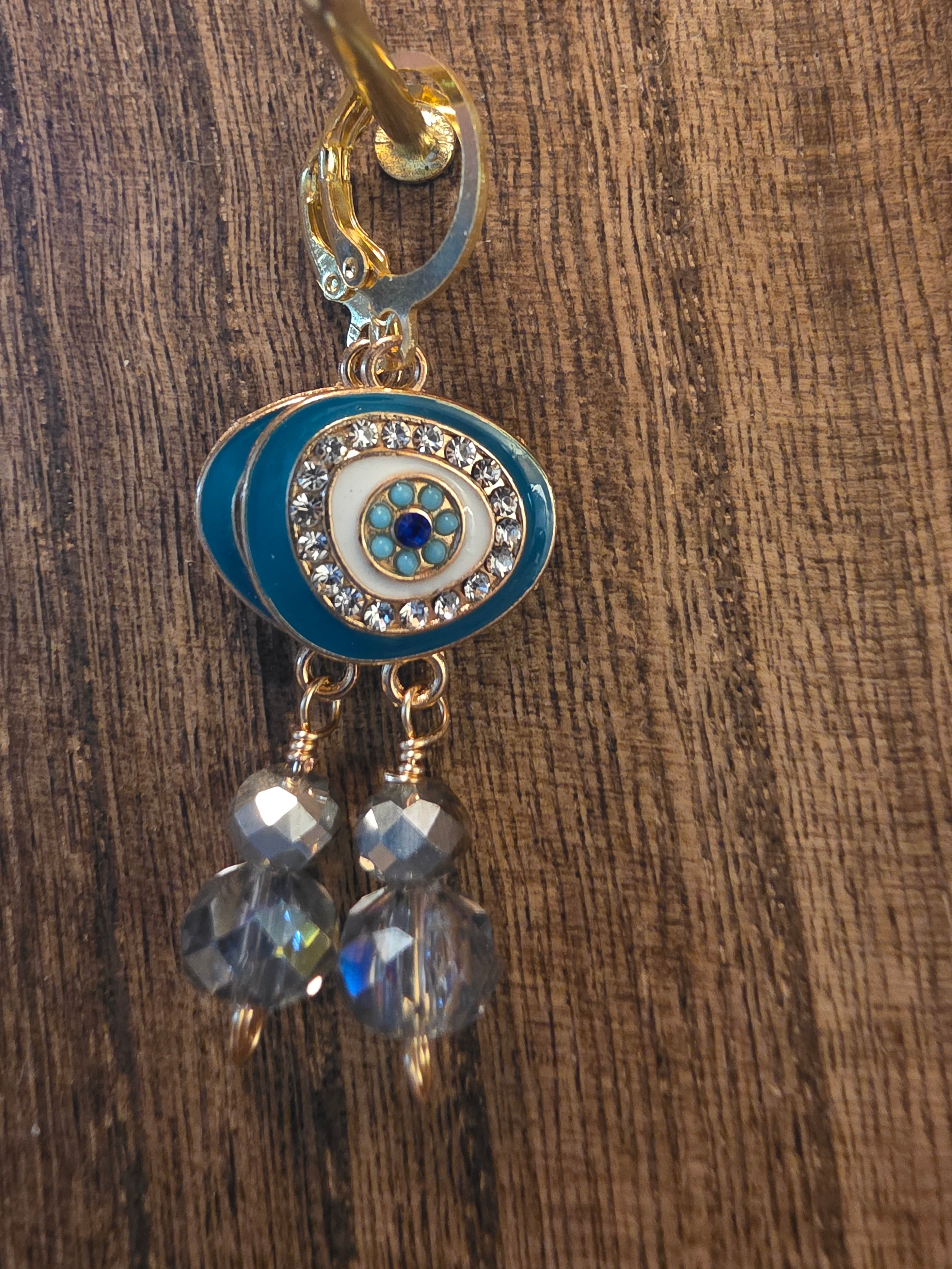 Vintage Style Evil Eye Blue Enamel Crystal Drop Earrings