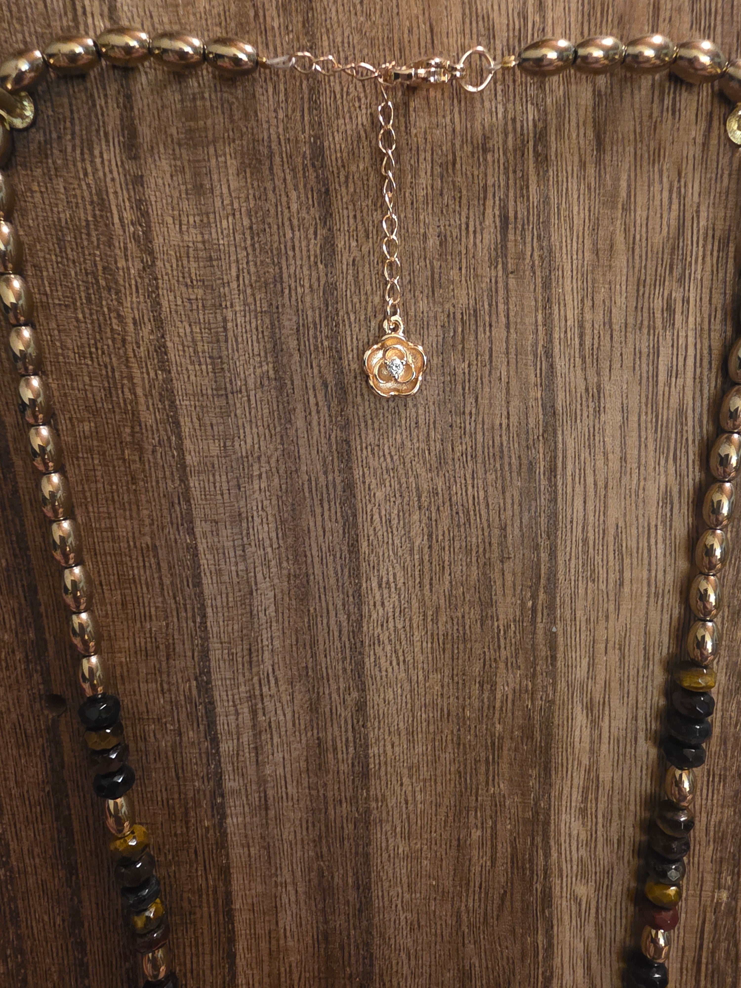 Tiger Eye & Crystal Fan Statement Necklace 20"-22" Boho