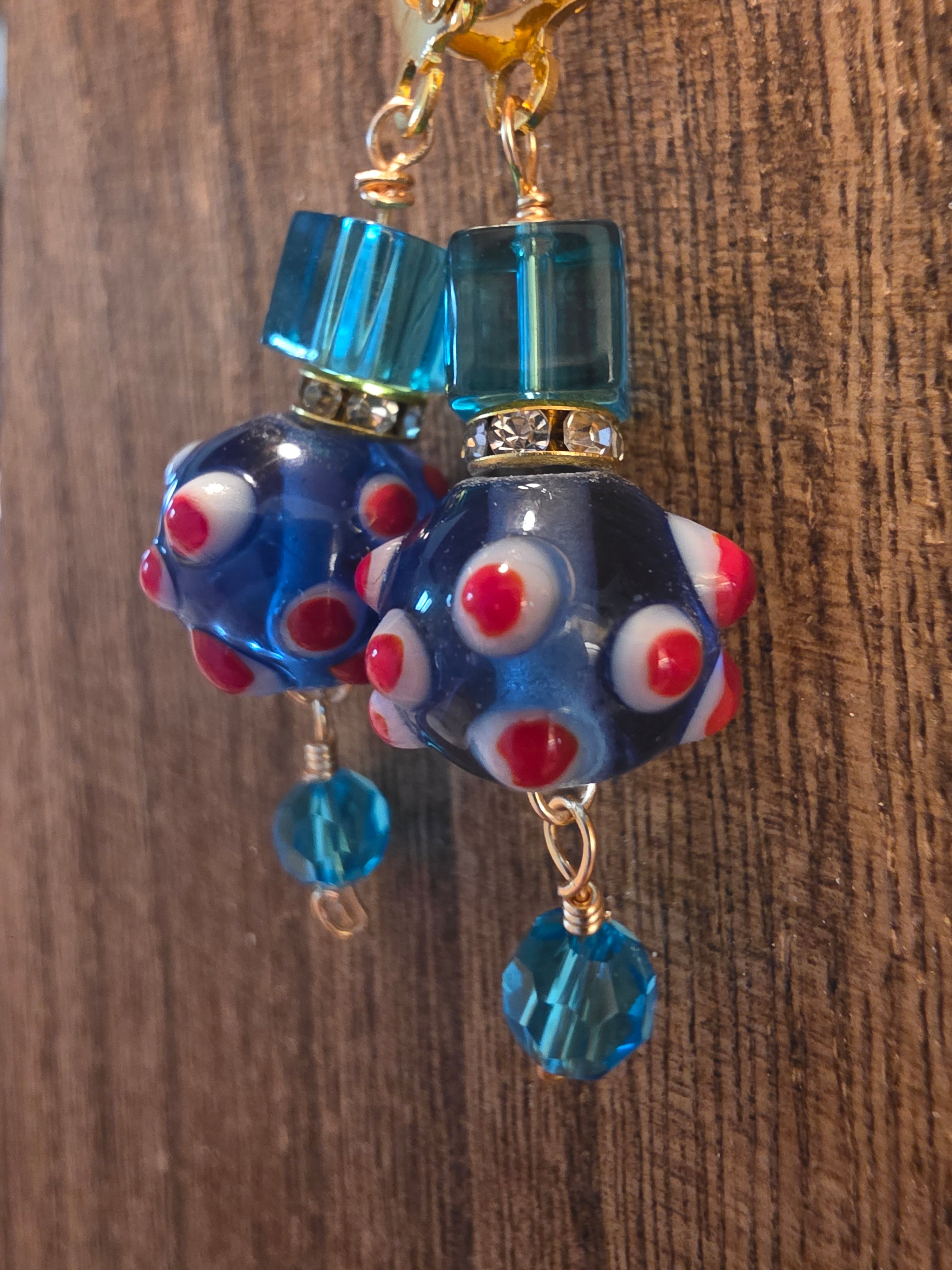 Vibrant Artisan Blue Red Lampwork Glass Dangle Earrings