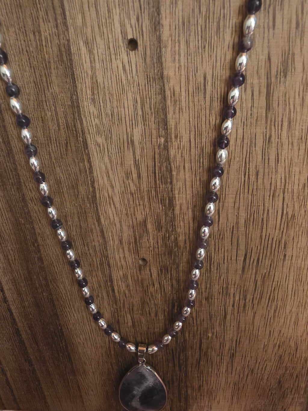 Vintage Amethyst Teardrop Pendant Beaded Necklace 24"