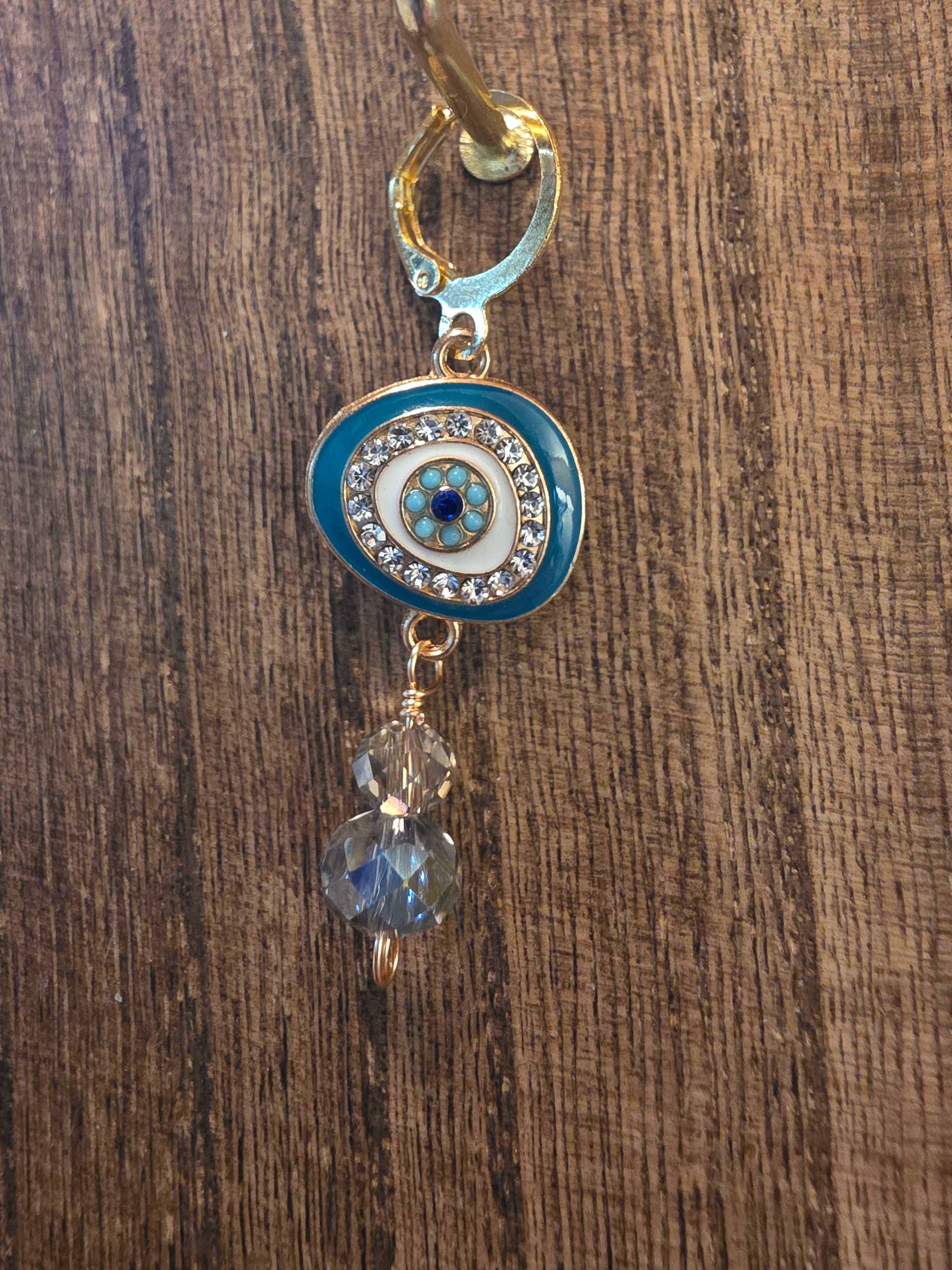 Vintage Style Evil Eye Blue Enamel Crystal Drop Earrings