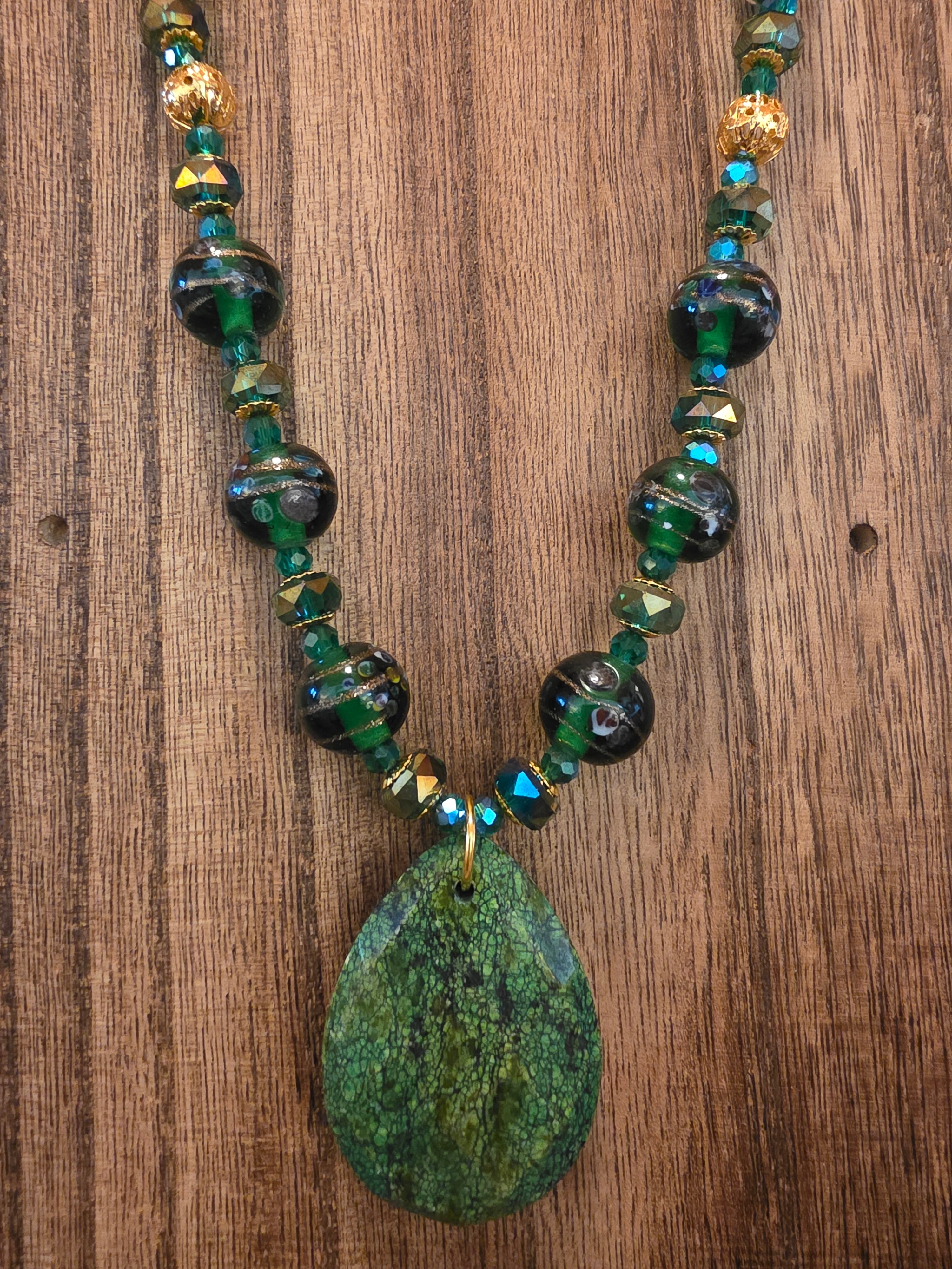21" Vintage India Lampwork Green Jasper Teardrop Necklace