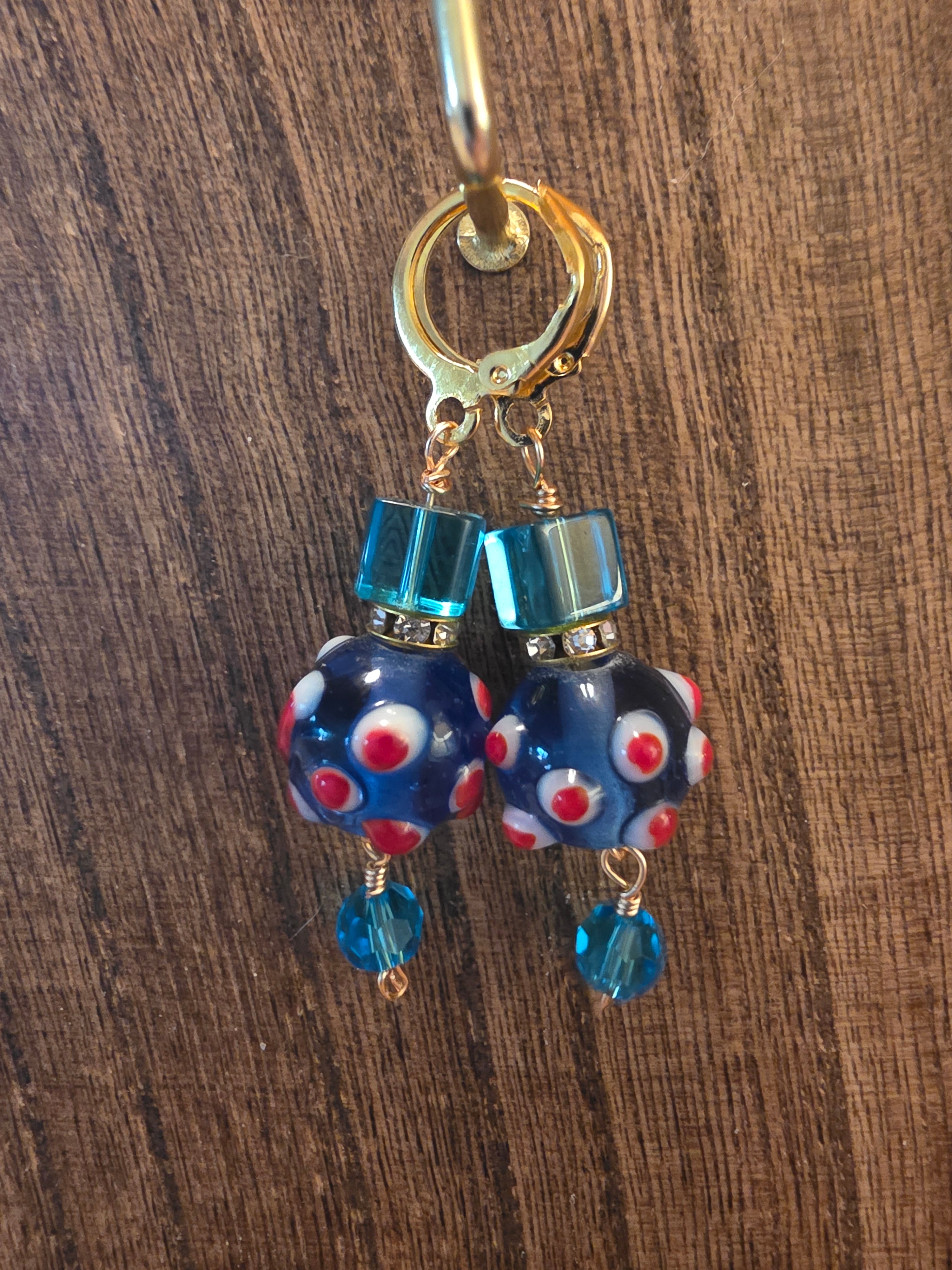 Vibrant Artisan Blue Red Lampwork Glass Dangle Earrings