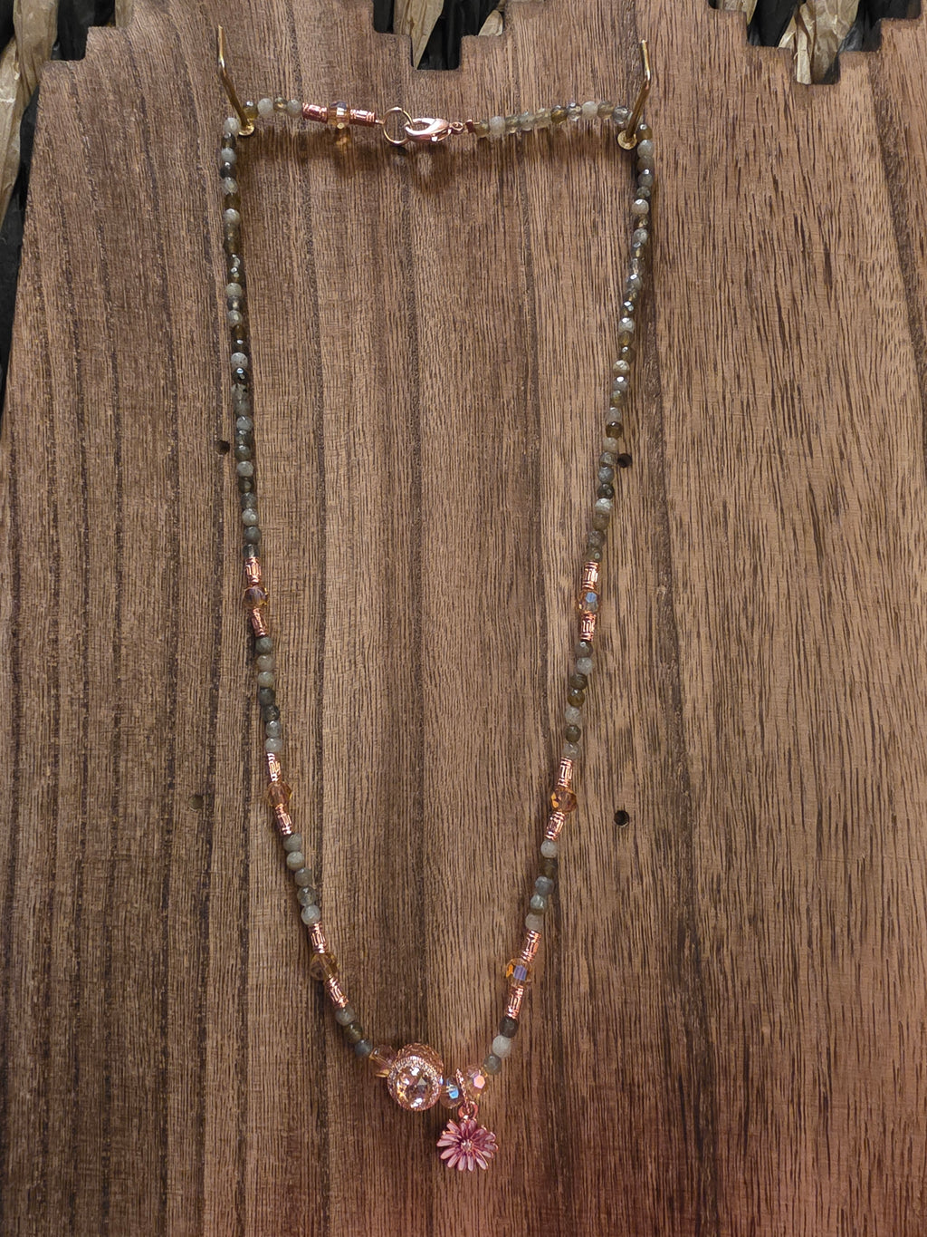 Labradorite & Rose Gold Tone Necklace with Pink Daisy Charm