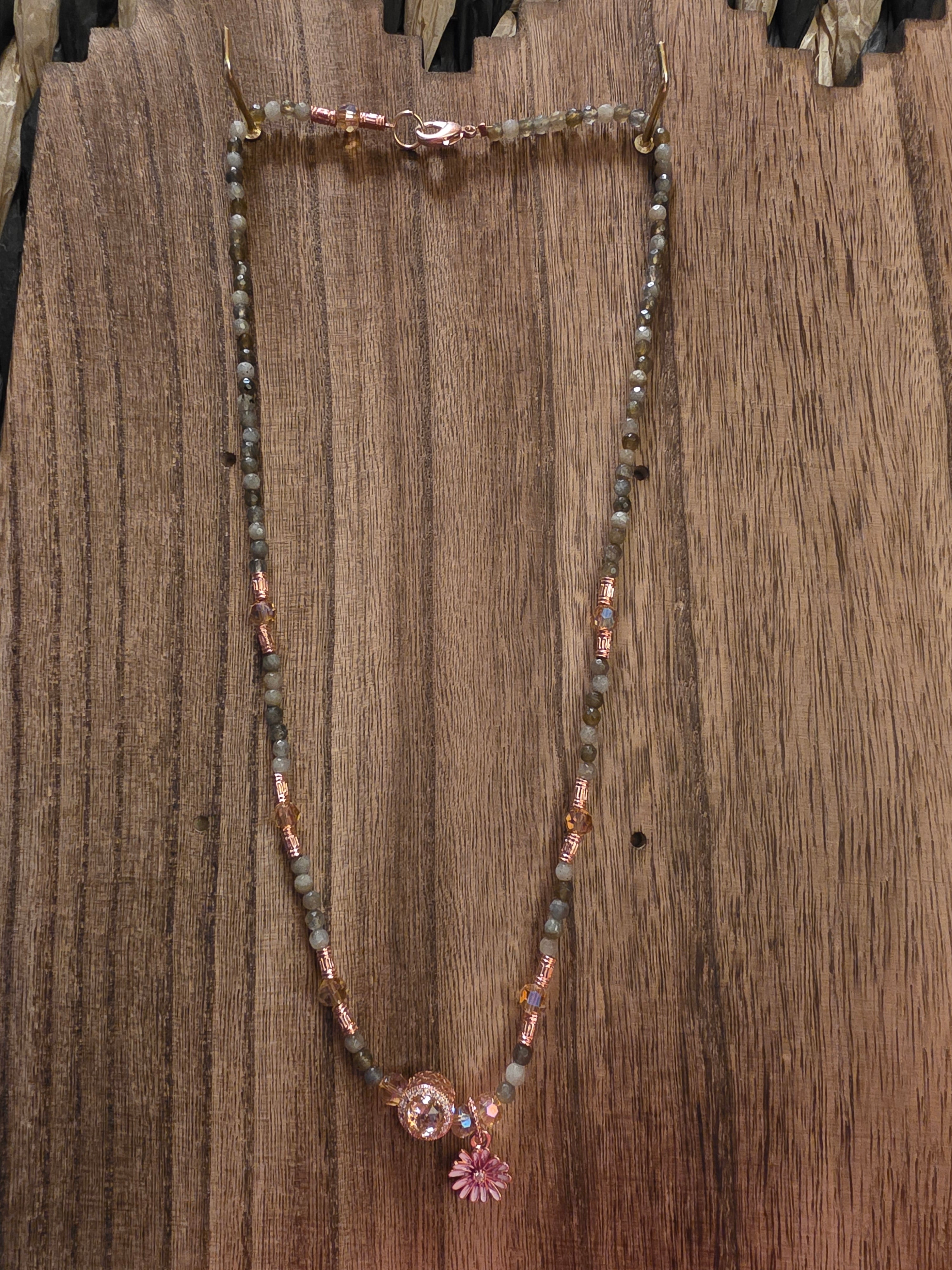Labradorite & Rose Gold Tone Necklace with Pink Daisy Charm