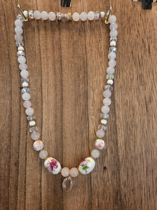 14k Gold Plated 19" Rose Quartz & Floral Porcelain Bead Necklace