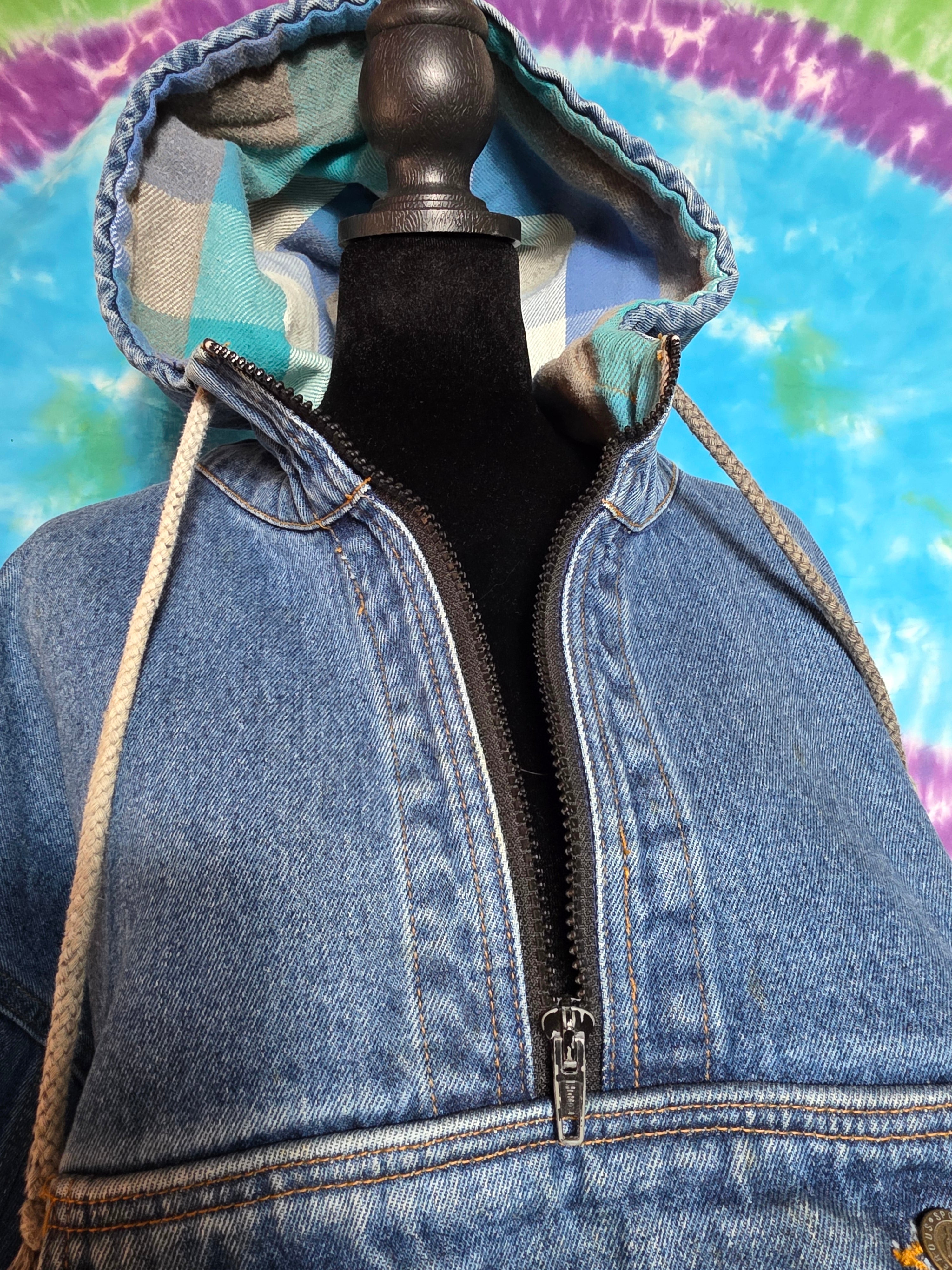 Vtg 90s No Fear Denim Anorak Jacket Medium Flannel Lined Hood