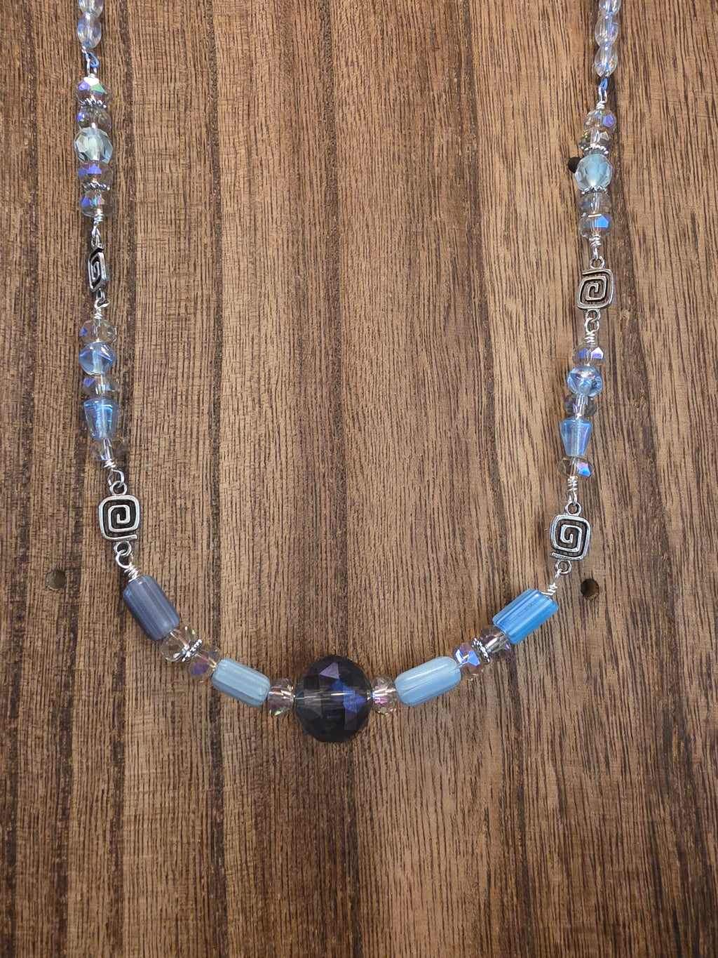 21" Blue Glass Maze Bead Crystal Necklace Boho Silver Tone Clasp