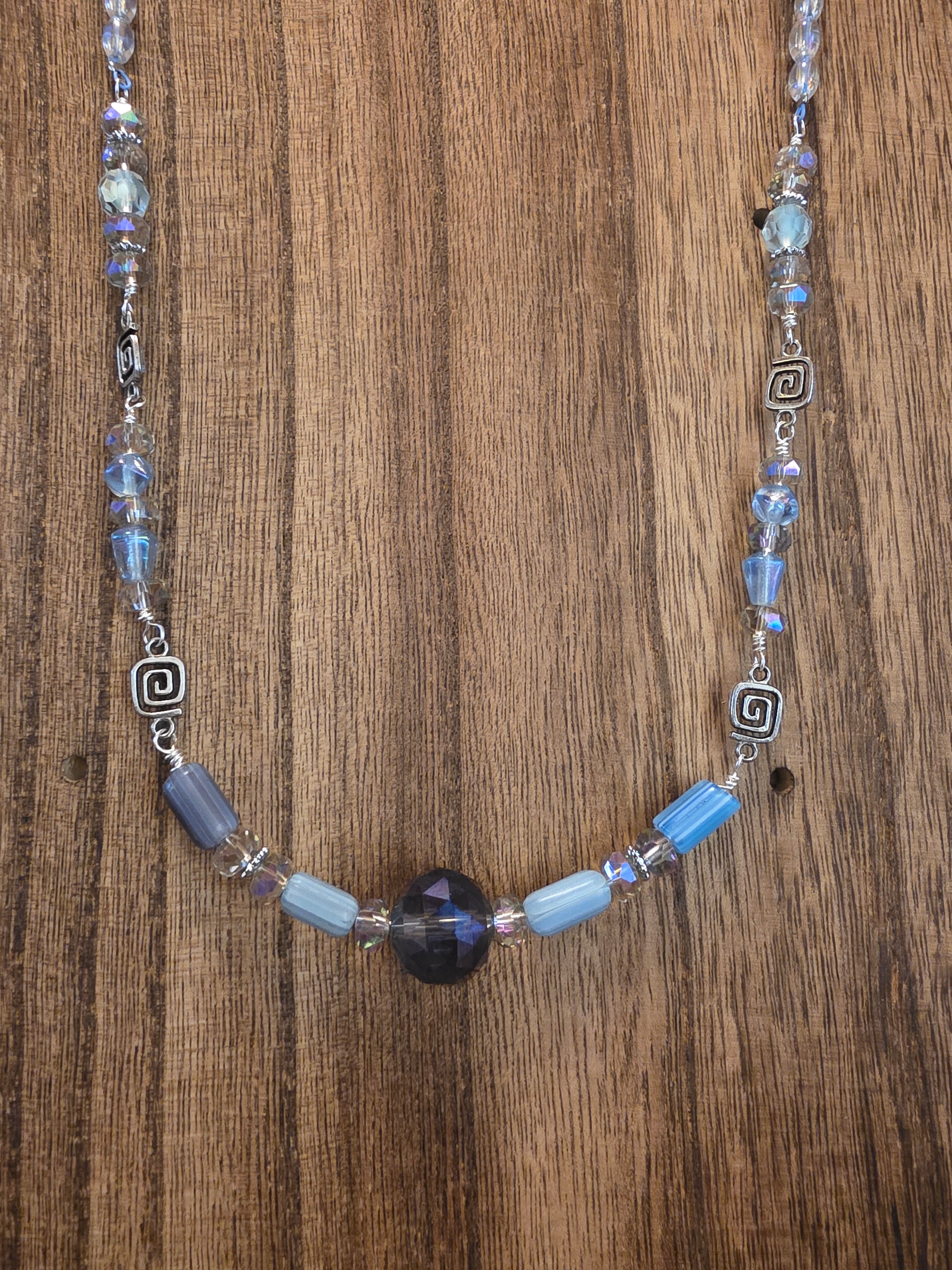 21" Blue Glass Maze Bead Crystal Necklace Boho Silver Tone Clasp