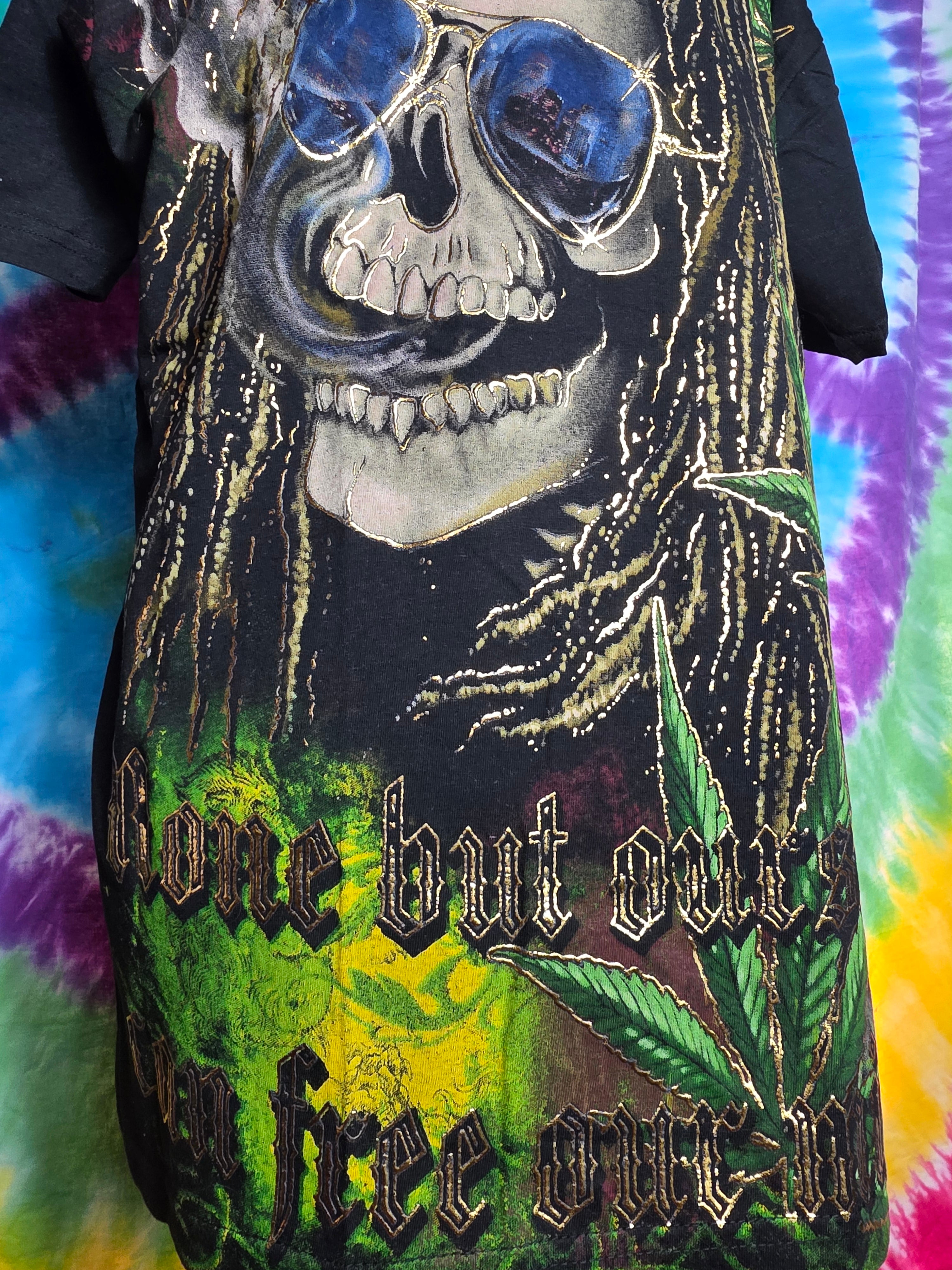 Vintage Style Skull Weed Puff Print Graphic T-Shirt M