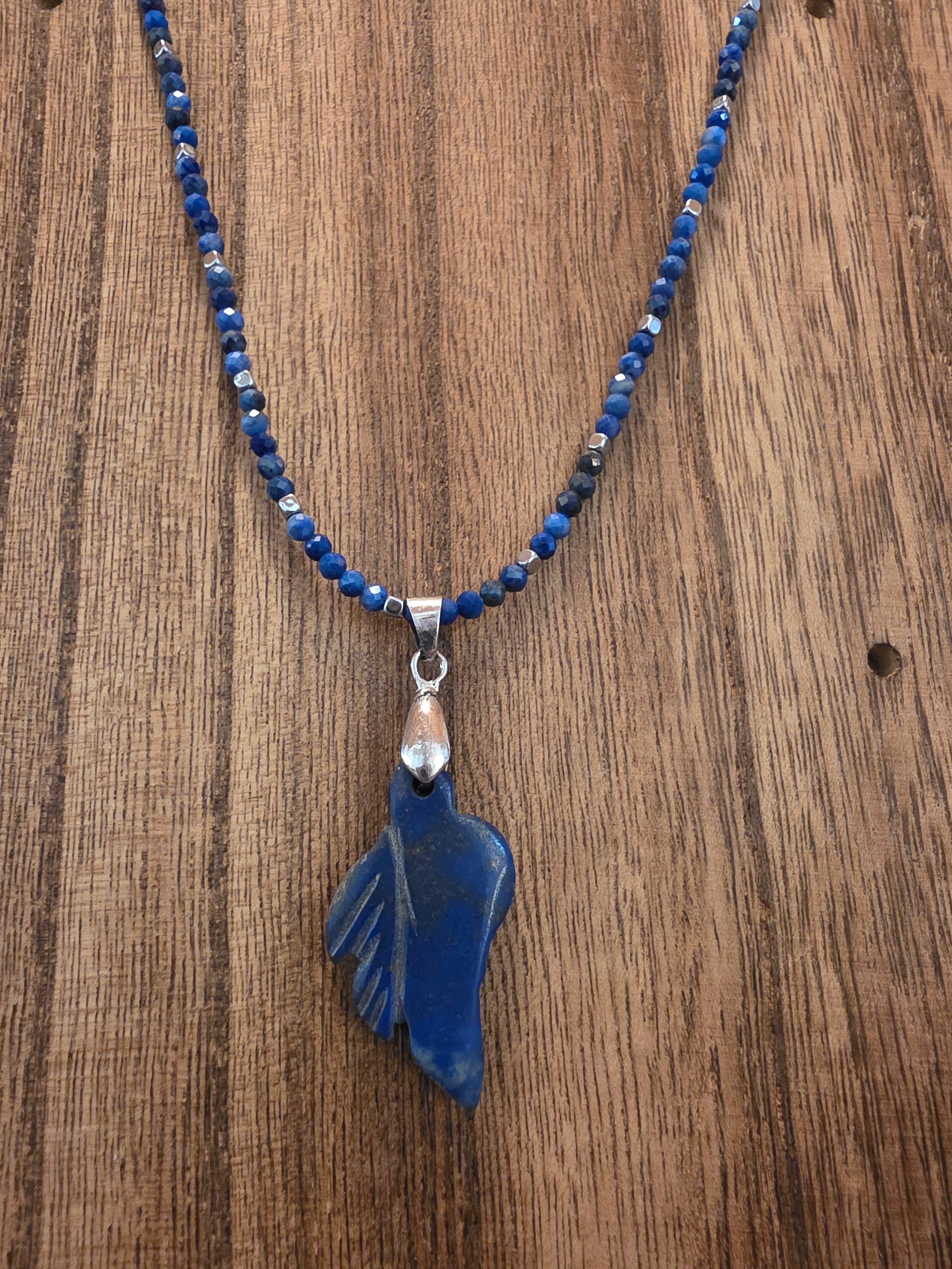 Lapis Lazuli Faceted Bead Necklace Carved Leaf Pendant 18"