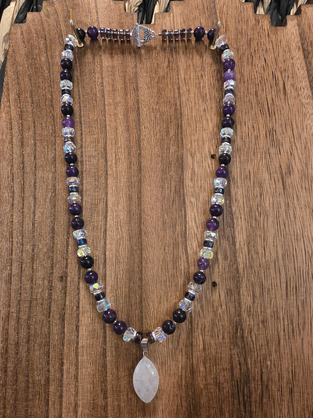 Moonstone Pendant Amethyst & Lavender Glass Beaded Necklace 22"