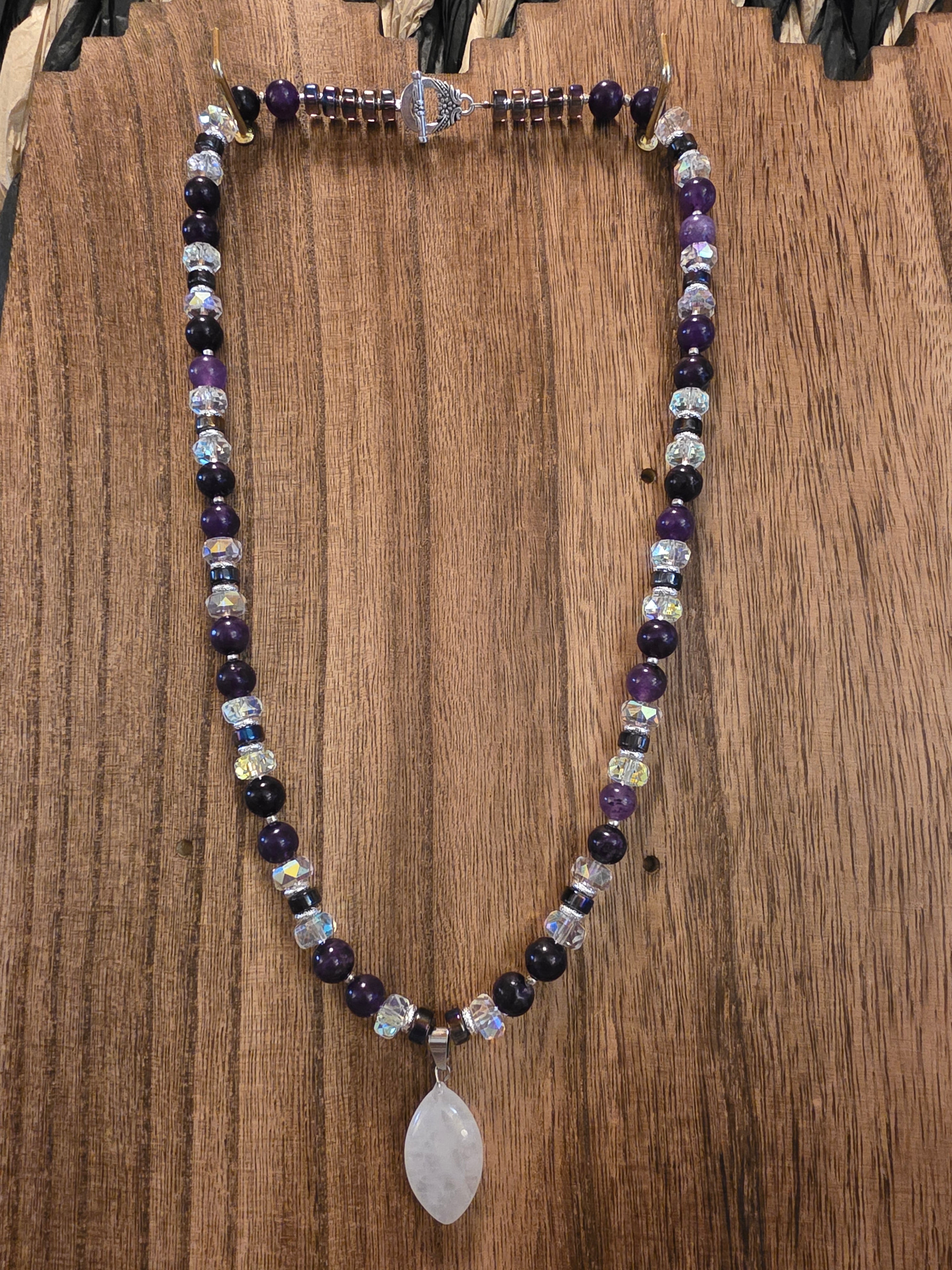Moonstone Pendant Amethyst & Lavender Glass Beaded Necklace 22"