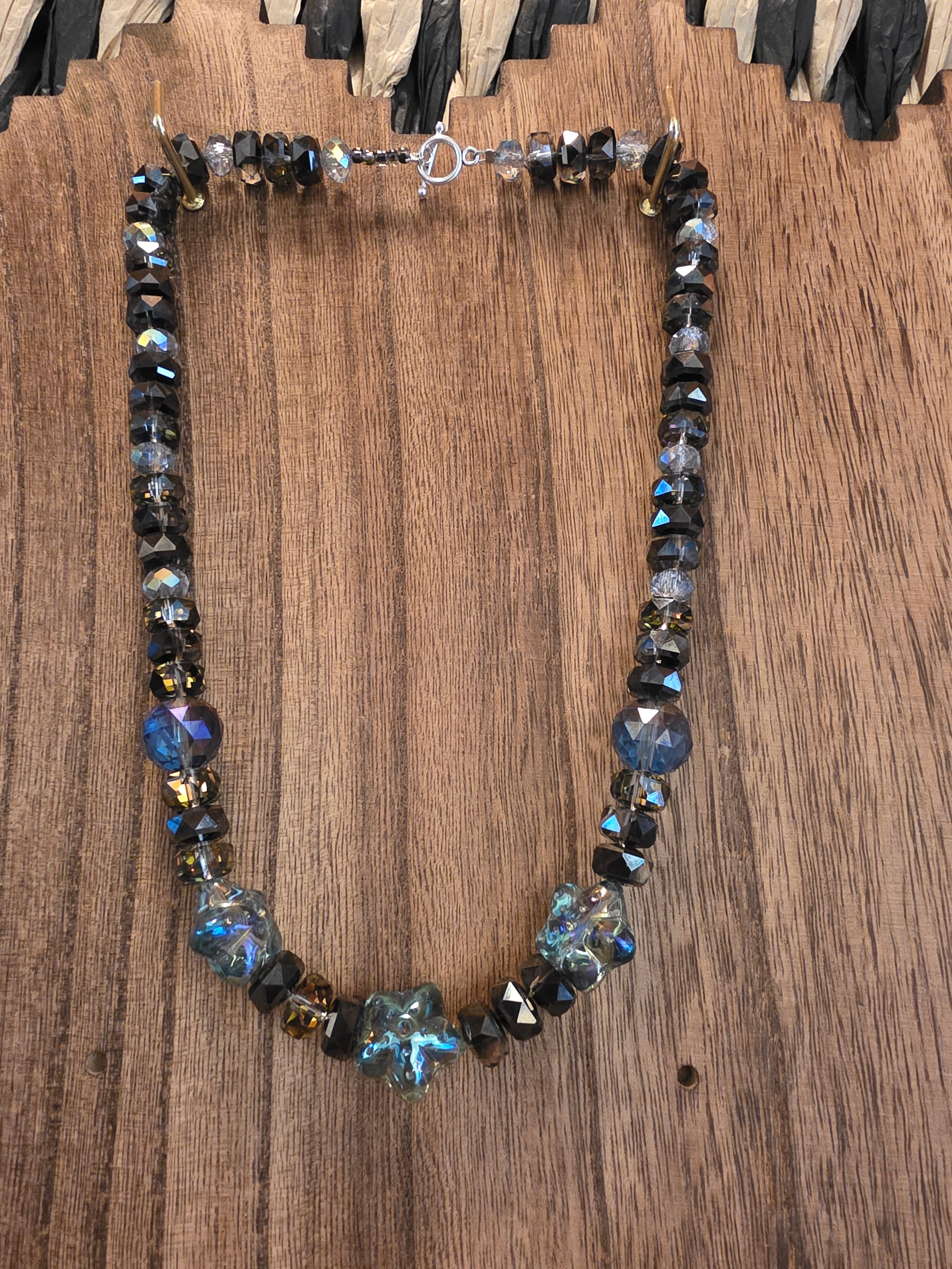 19" Smokey Grey Faceted Crystal Necklace Iridescent Star Beads
