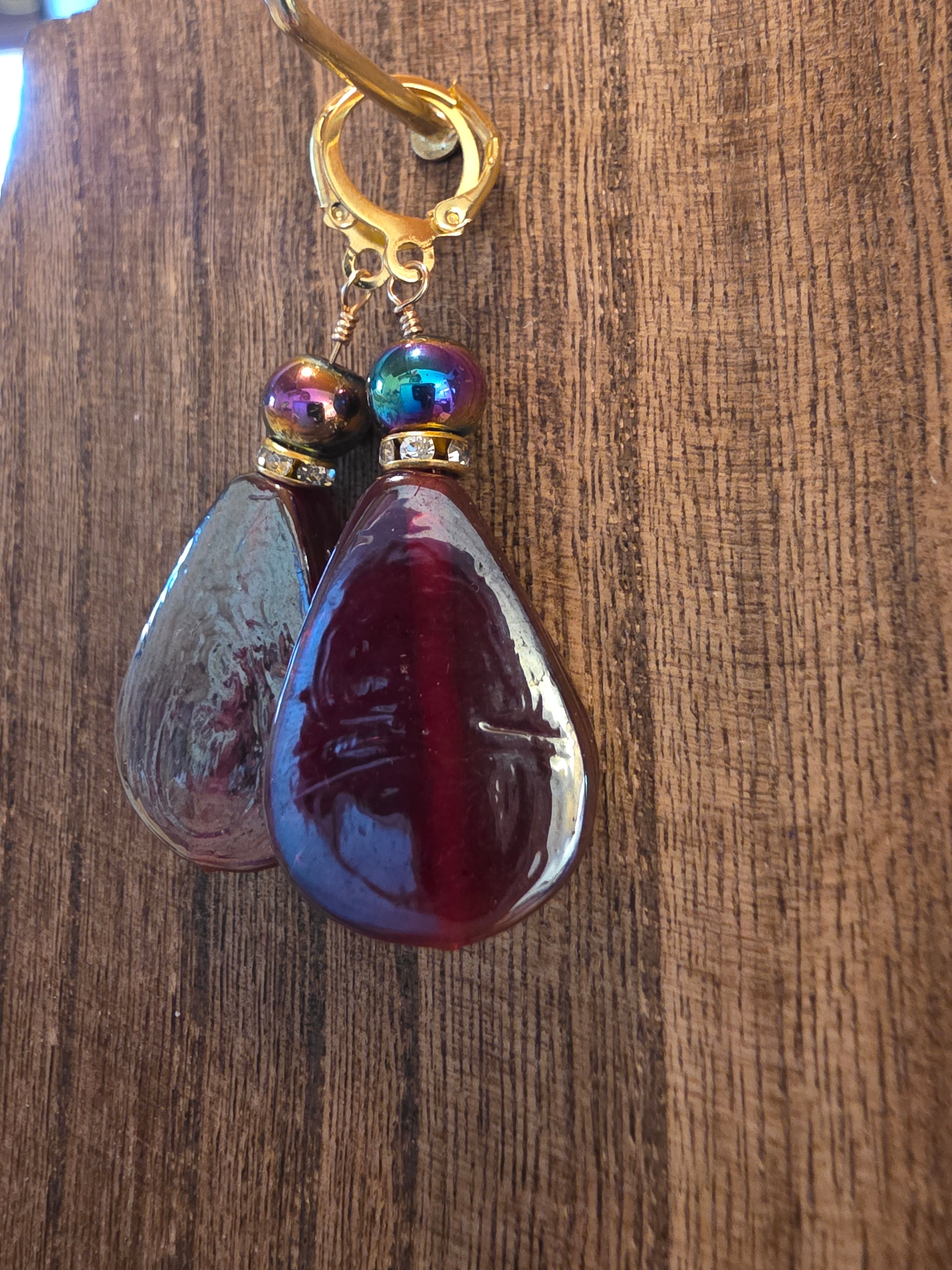Vintage India Glass Teardrop Earrings Plated Stainless Leverback