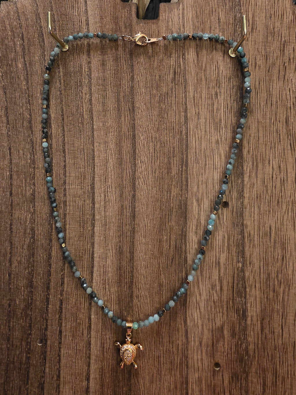 Handmade Faceted Emerald & Gold Rhinestone Turtle Necklace 17"