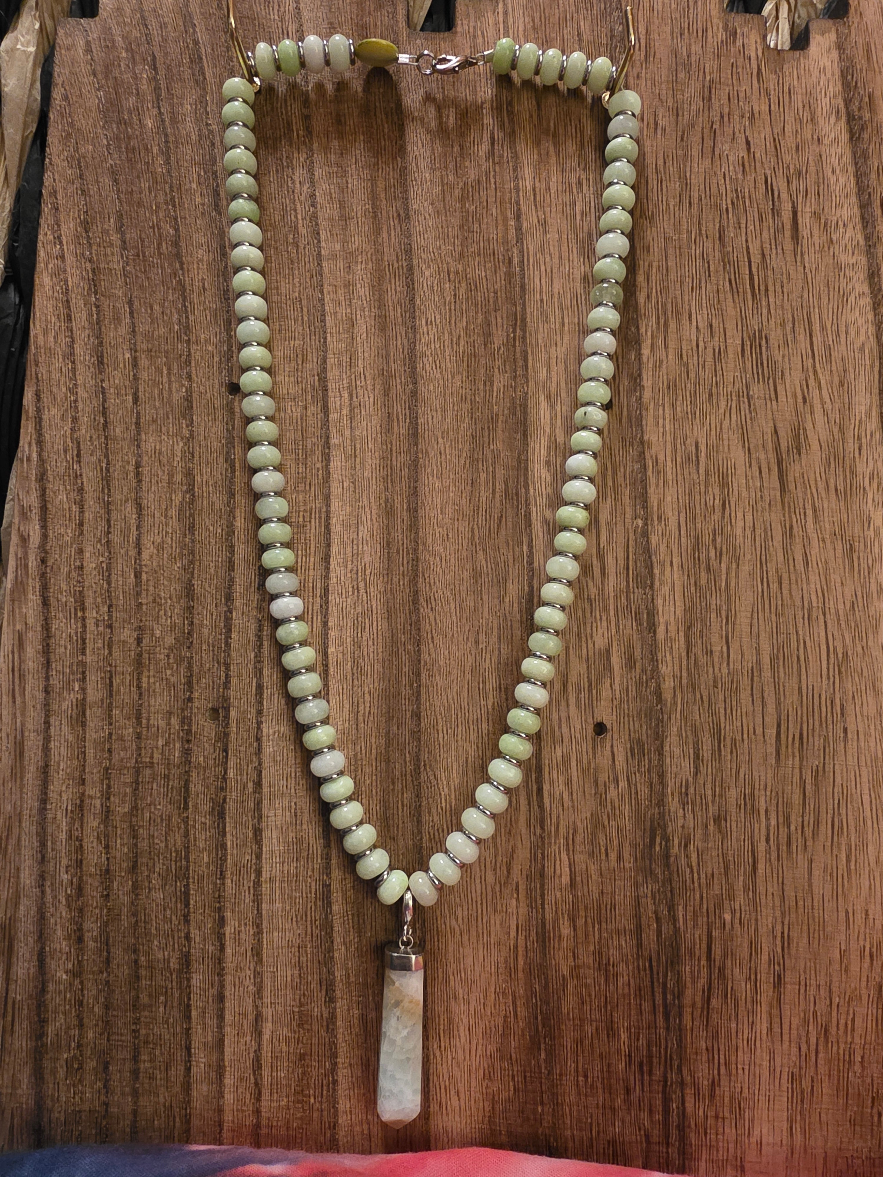 Handmade New Jade Beaded Necklace 21" Raw Quartz Crystal Point