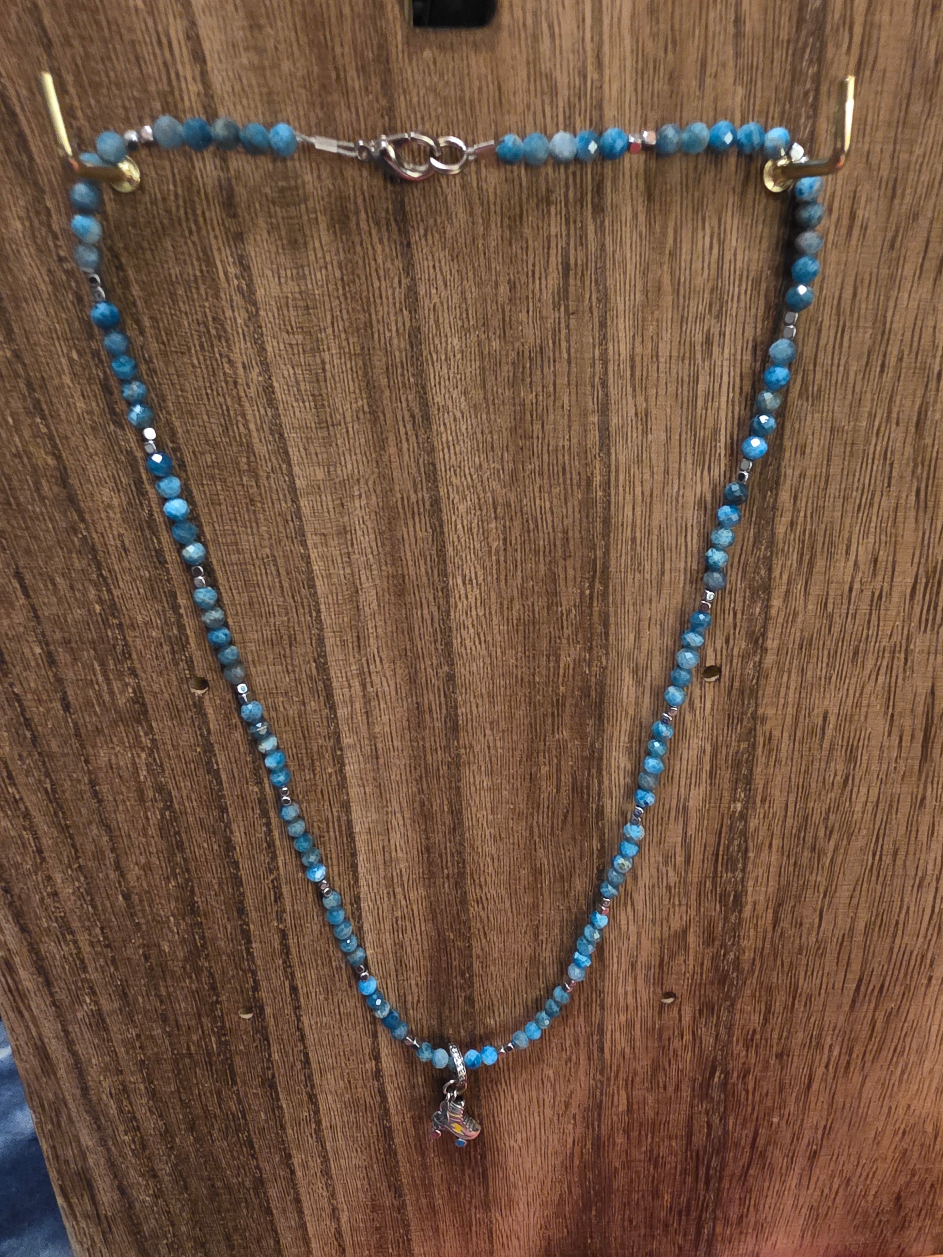 Handmade Azurite Beaded Necklace 19" Retro Roller Skate Charm Blue