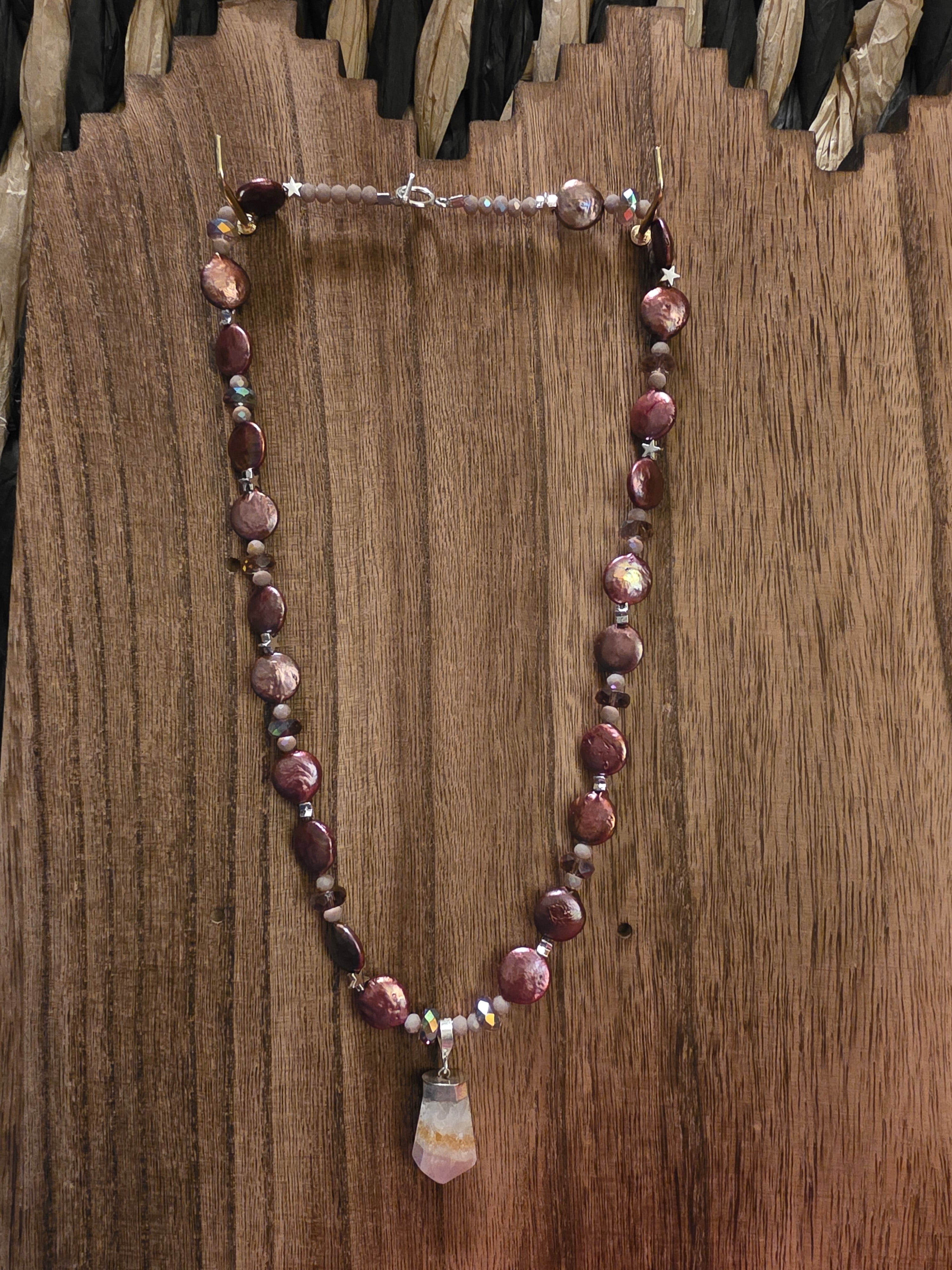 Artisan Mauve Coin Pearl & Quartz Crystal Necklace, 20"