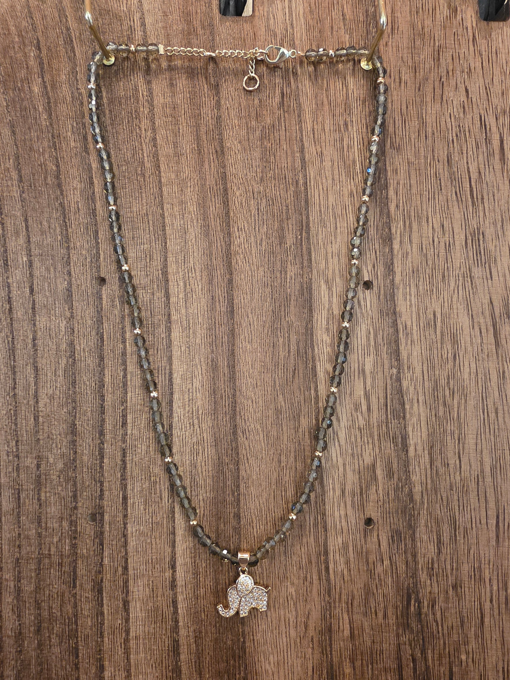Smoky Quartz Elephant Necklace 18" + 2" Extension Gold Tone Pave