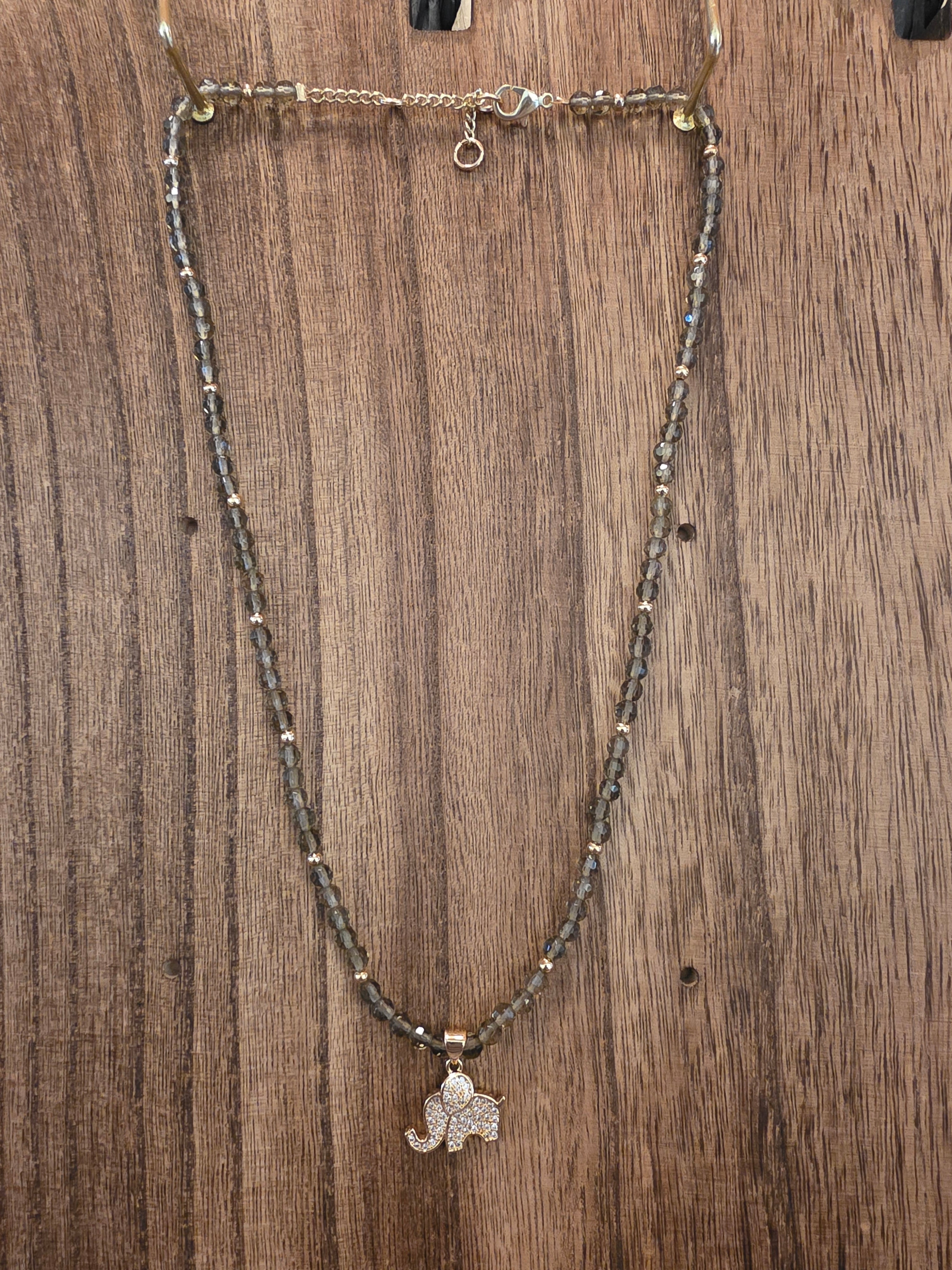 Smoky Quartz Elephant Necklace 18" + 2" Extension Gold Tone Pave