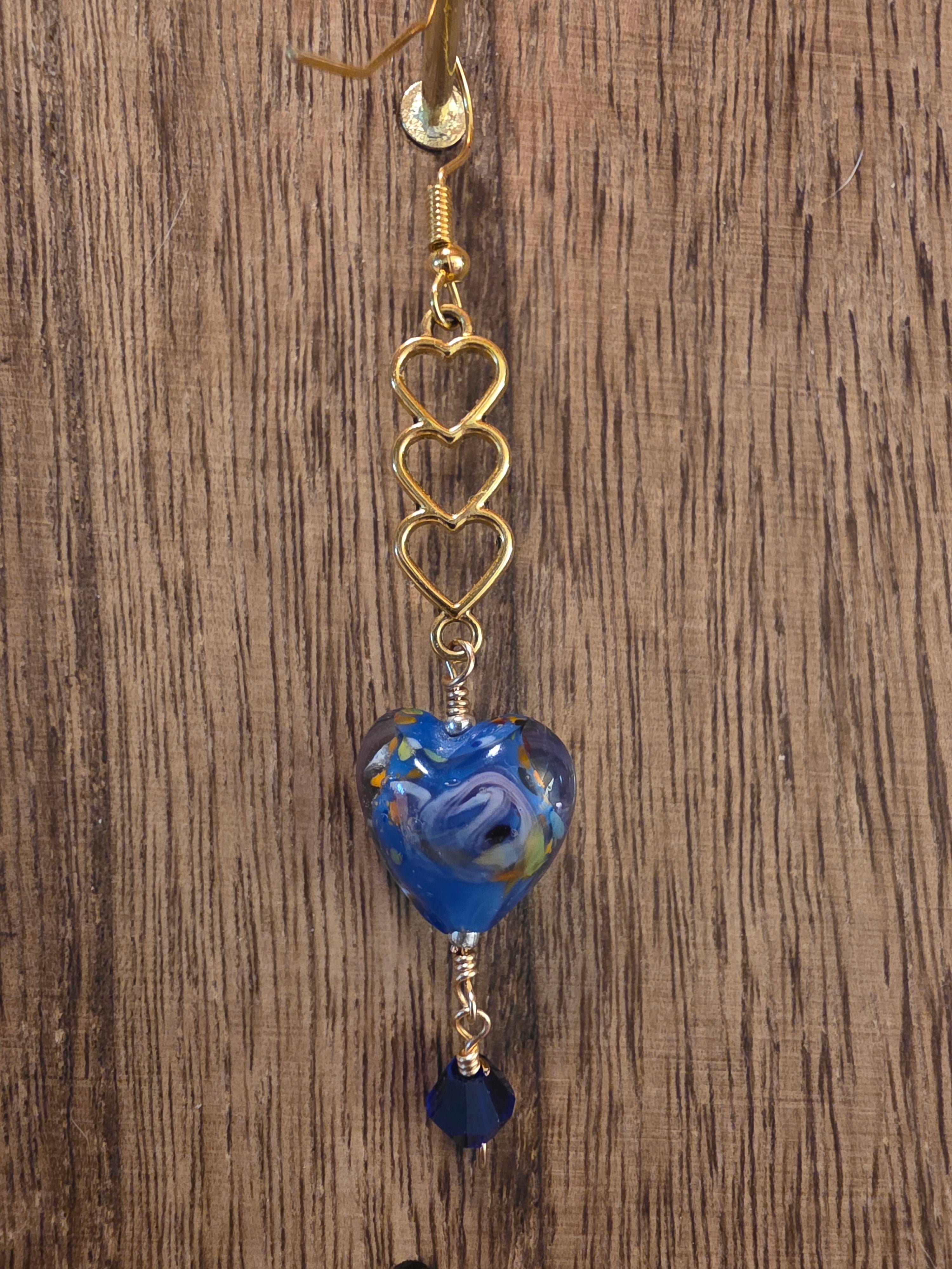 Blue Millefiori Heart & Gold Triple Heart Dangle Earrings