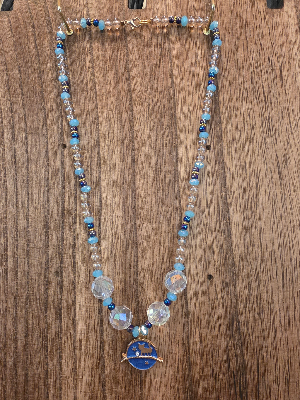 21" Celestial Blue Cat Crystal Necklace Gold Stars Moon Whimsy