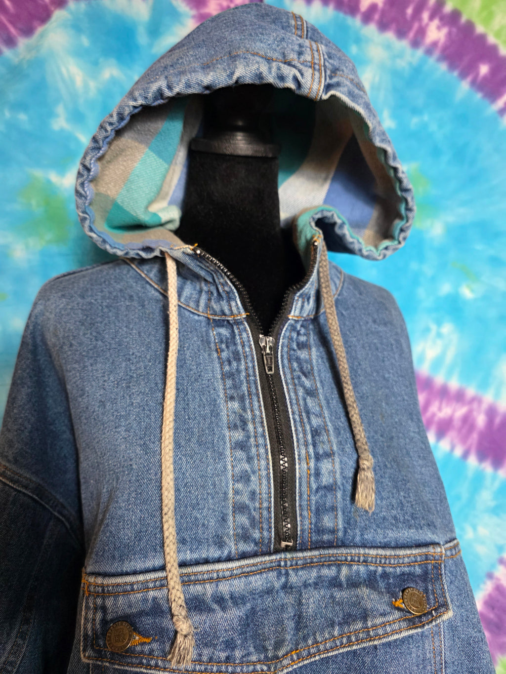Vtg 90s No Fear Denim Anorak Jacket Medium Flannel Lined Hood