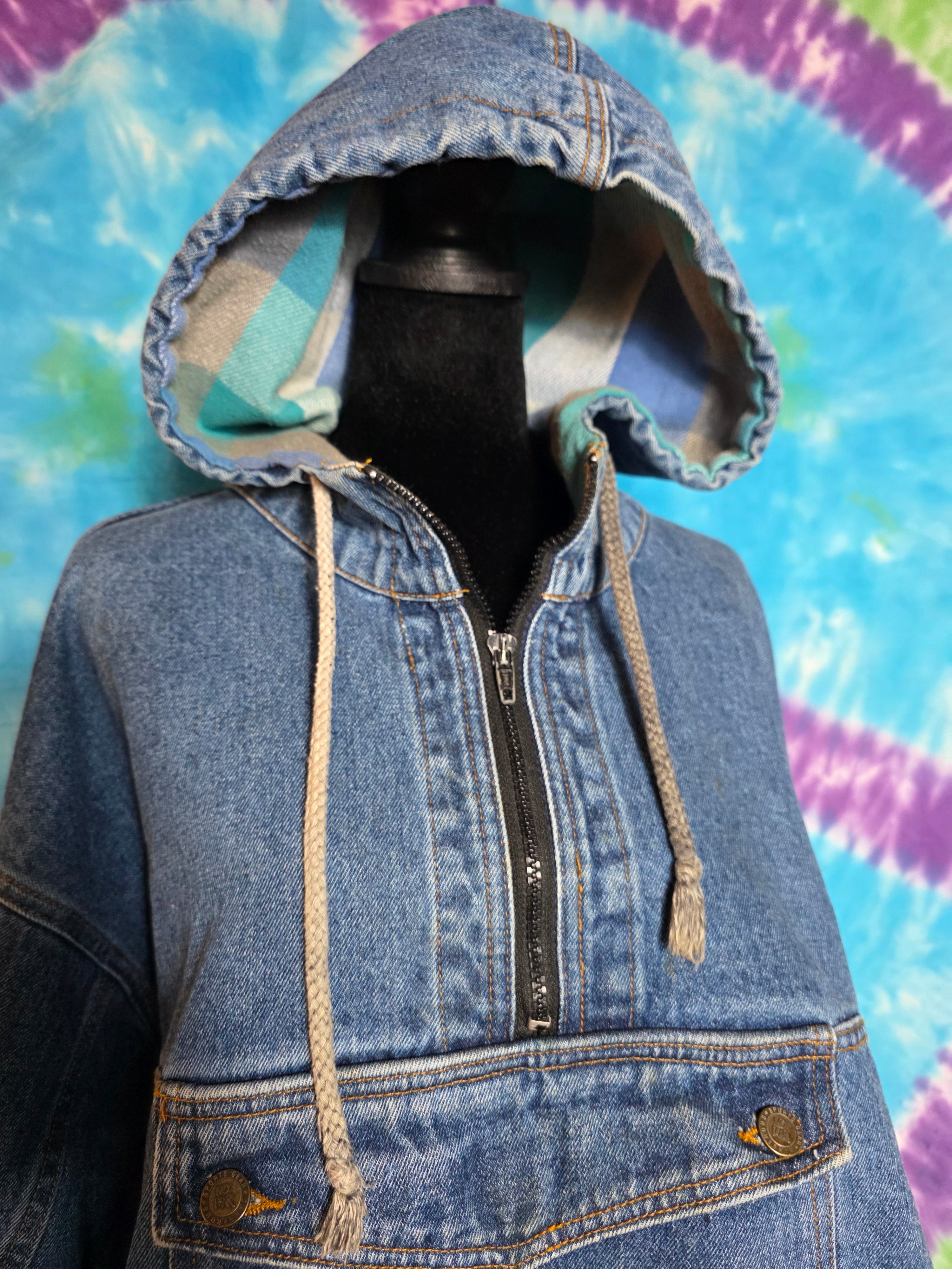 Vtg 90s No Fear Denim Anorak Jacket Medium Flannel Lined Hood