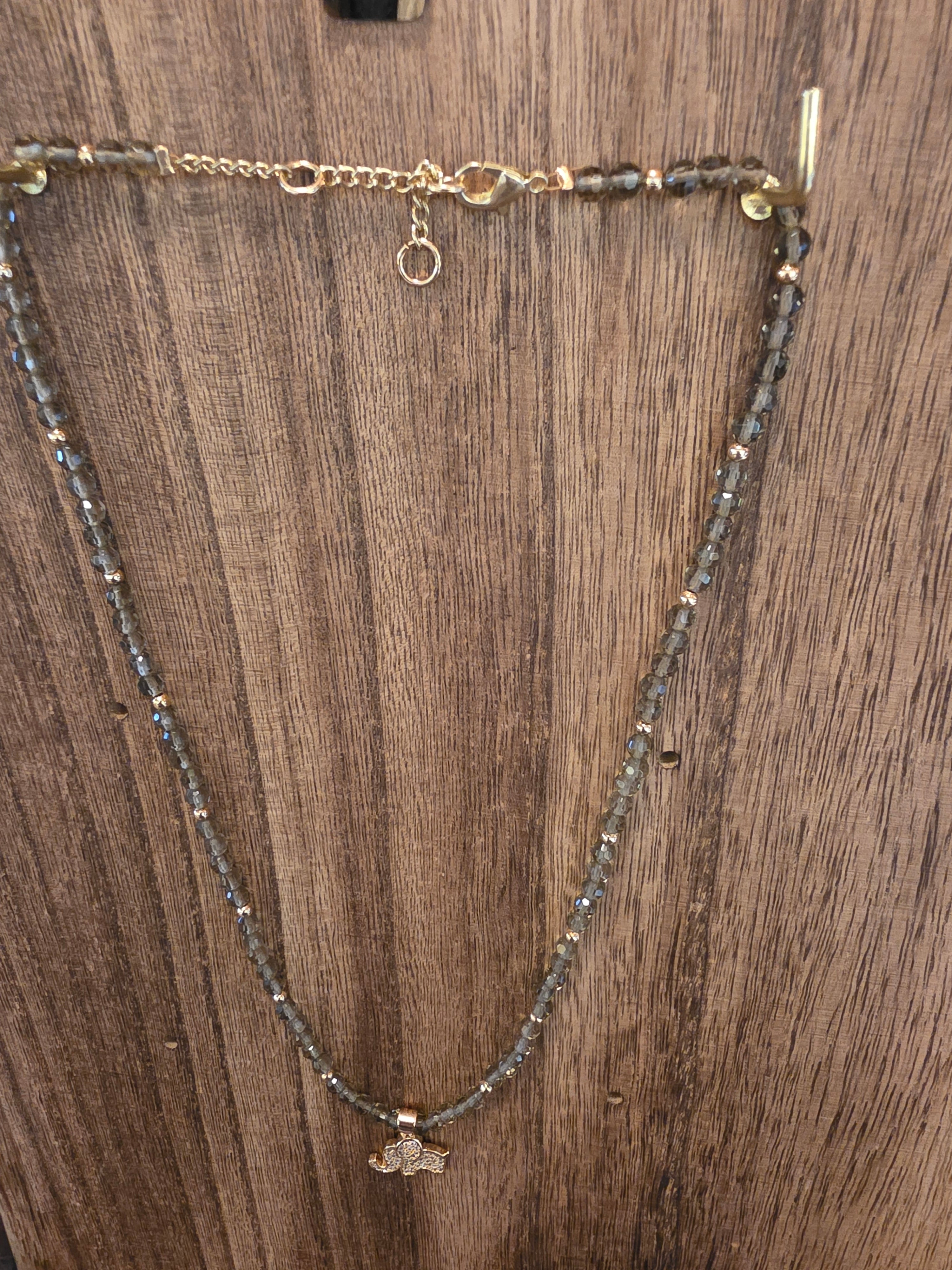Smoky Quartz Elephant Necklace 18" + 2" Extension Gold Tone Pave