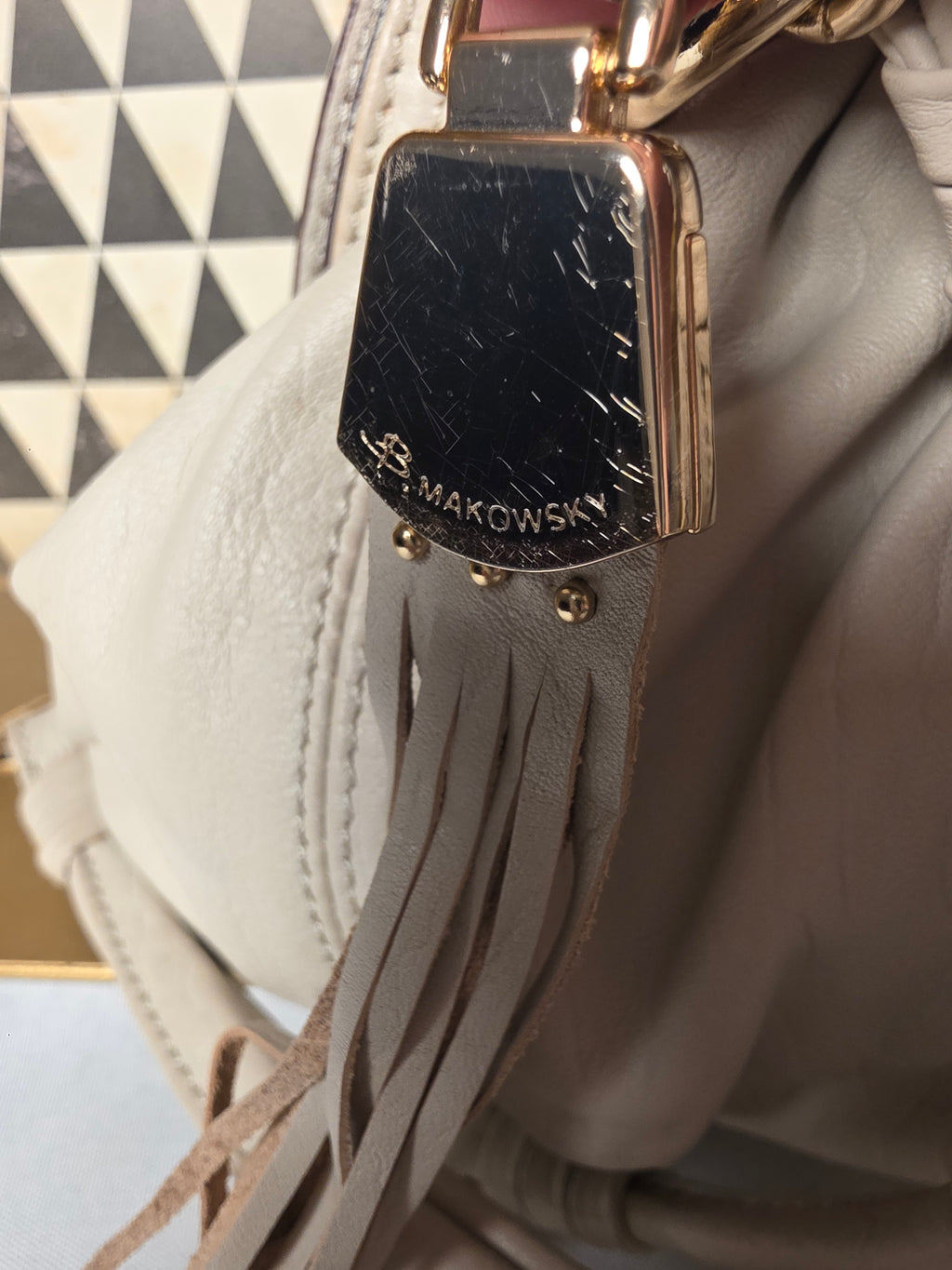 B. Makowsky Off White Leather Shoulder Bag Fringe Leopard