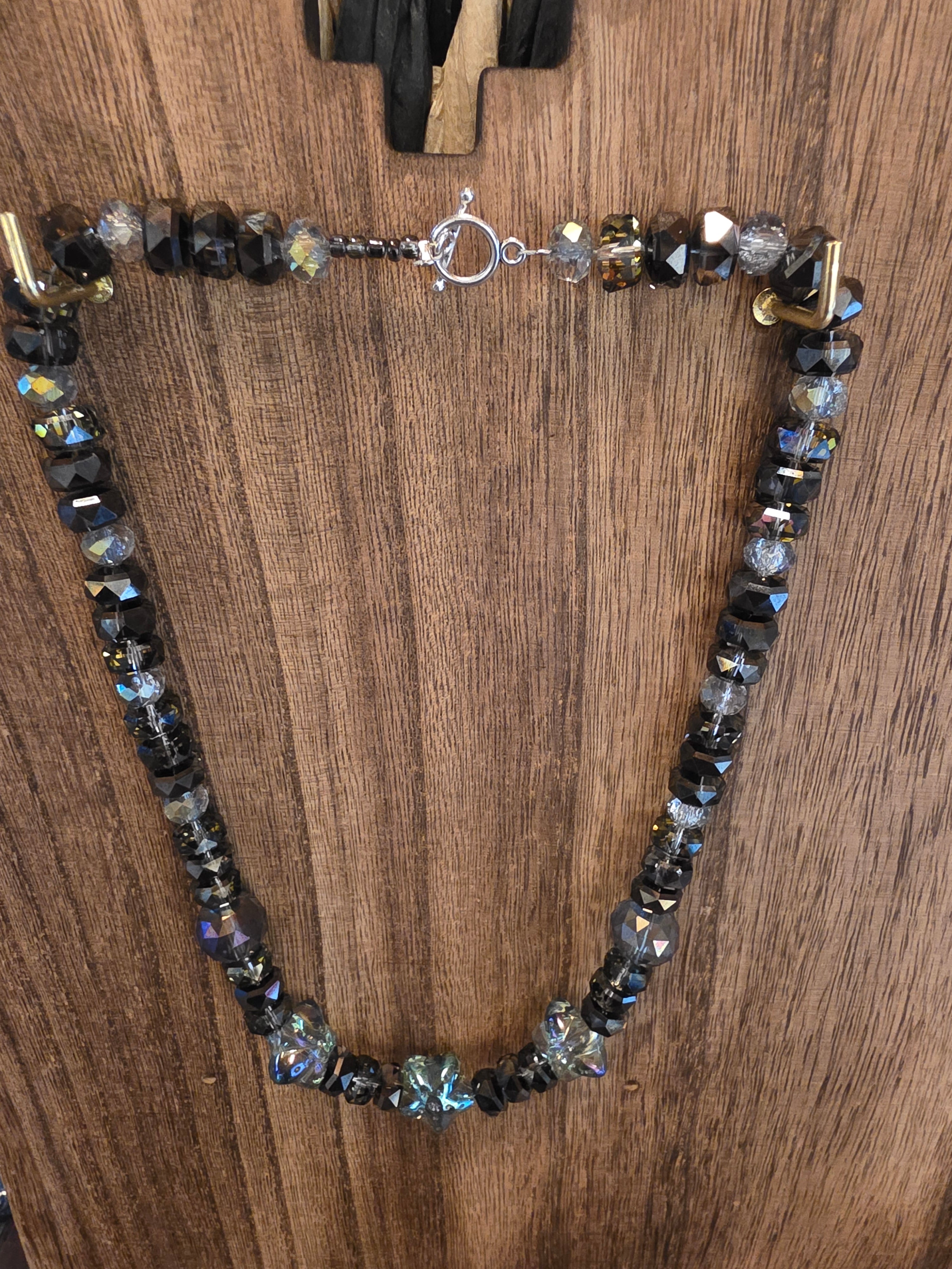 19" Smokey Grey Faceted Crystal Necklace Iridescent Star Beads