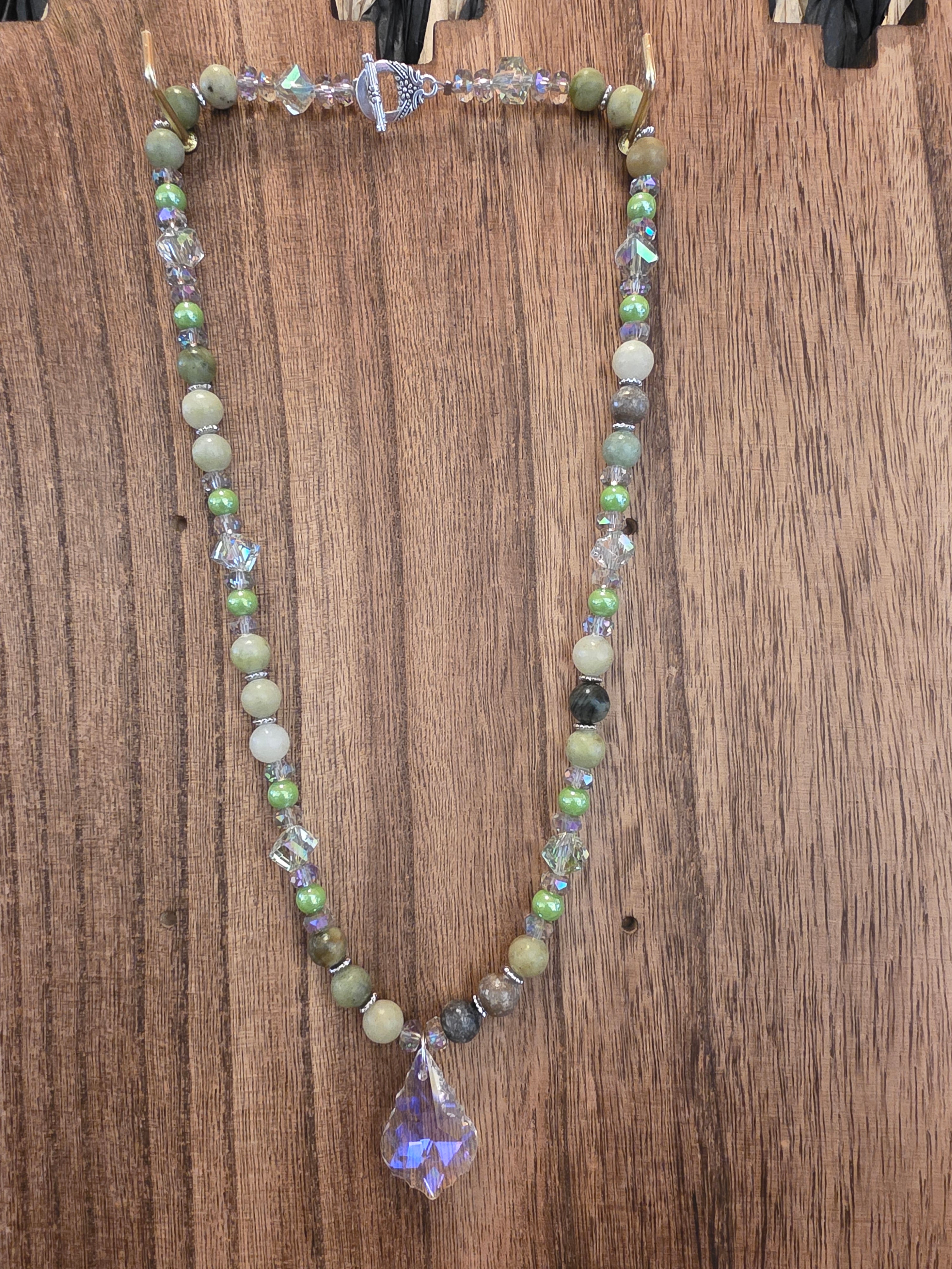 Swarovski Crystal Pendant Necklace Green Jasper & AB Beads 20"