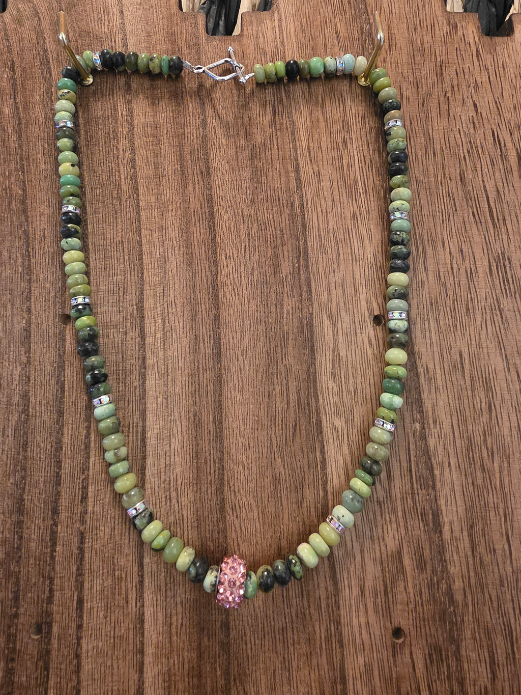 Vintage Green Opal Rondelle Necklace 18" Pink Crystal Statement