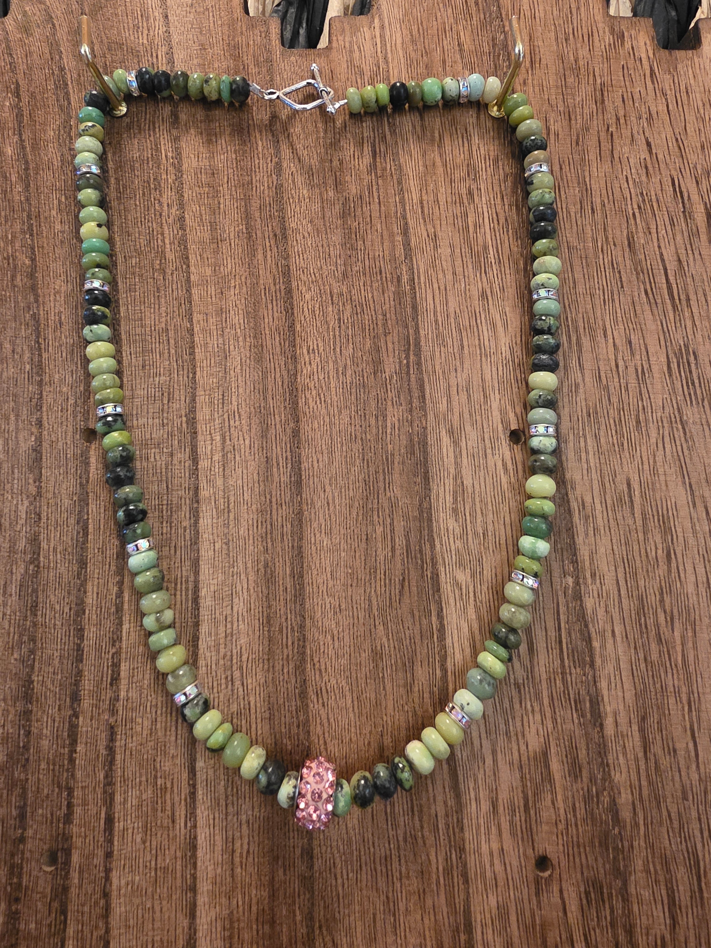 Vintage Green Opal Rondelle Necklace 18" Pink Crystal Statement