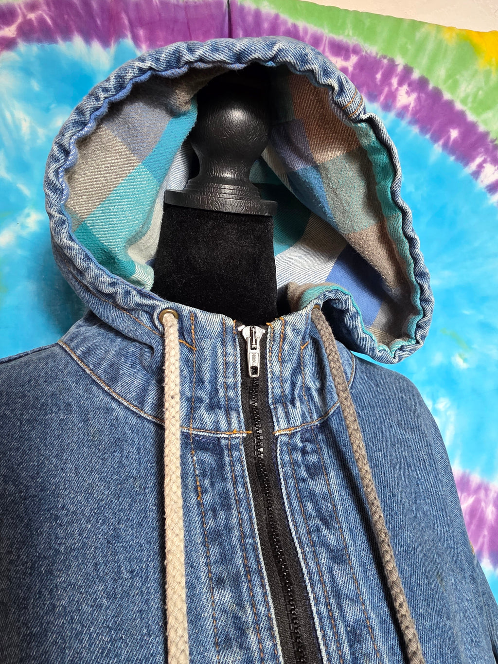 Vtg 90s No Fear Denim Anorak Jacket Medium Flannel Lined Hood