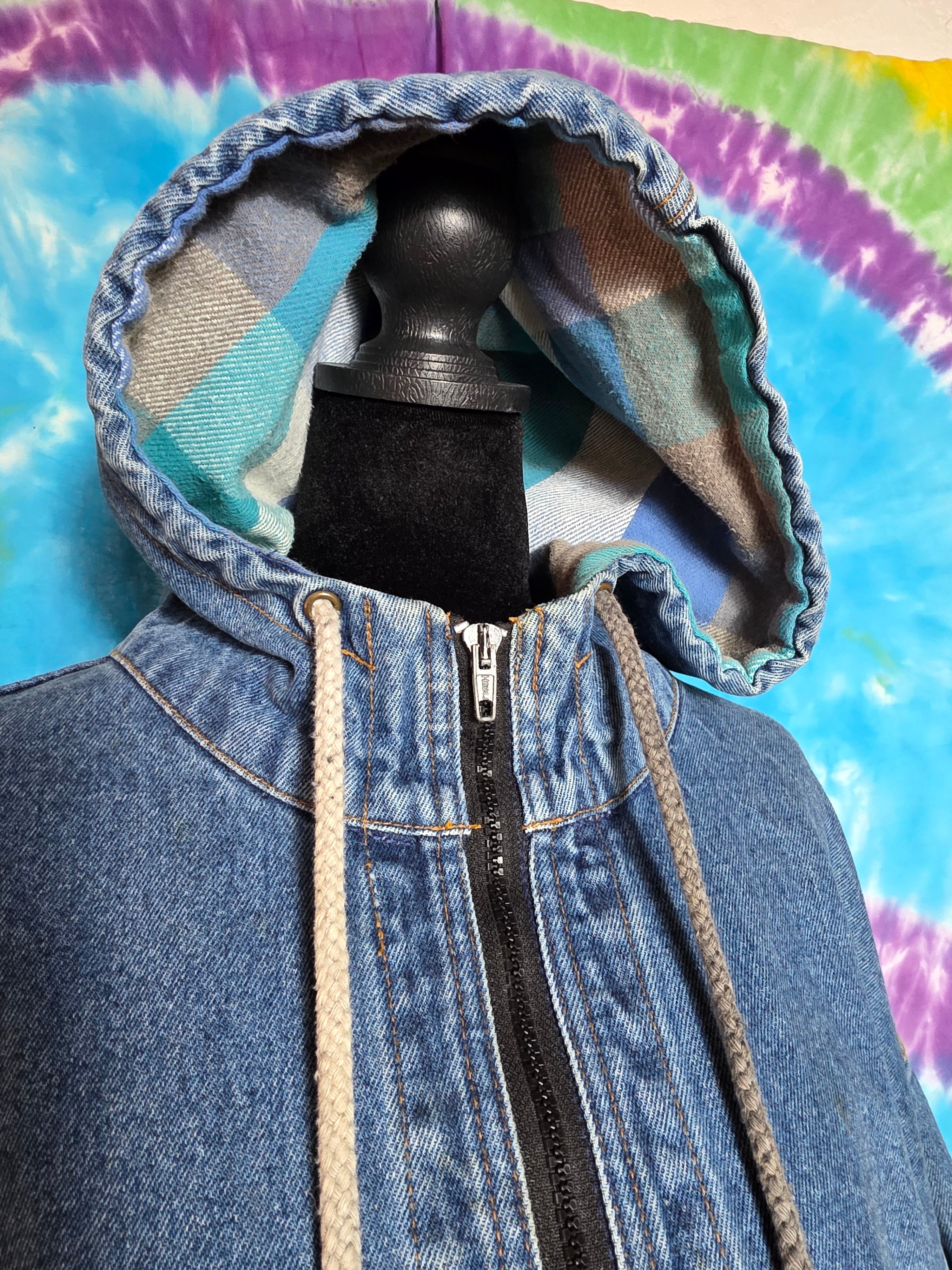 Vtg 90s No Fear Denim Anorak Jacket Medium Flannel Lined Hood