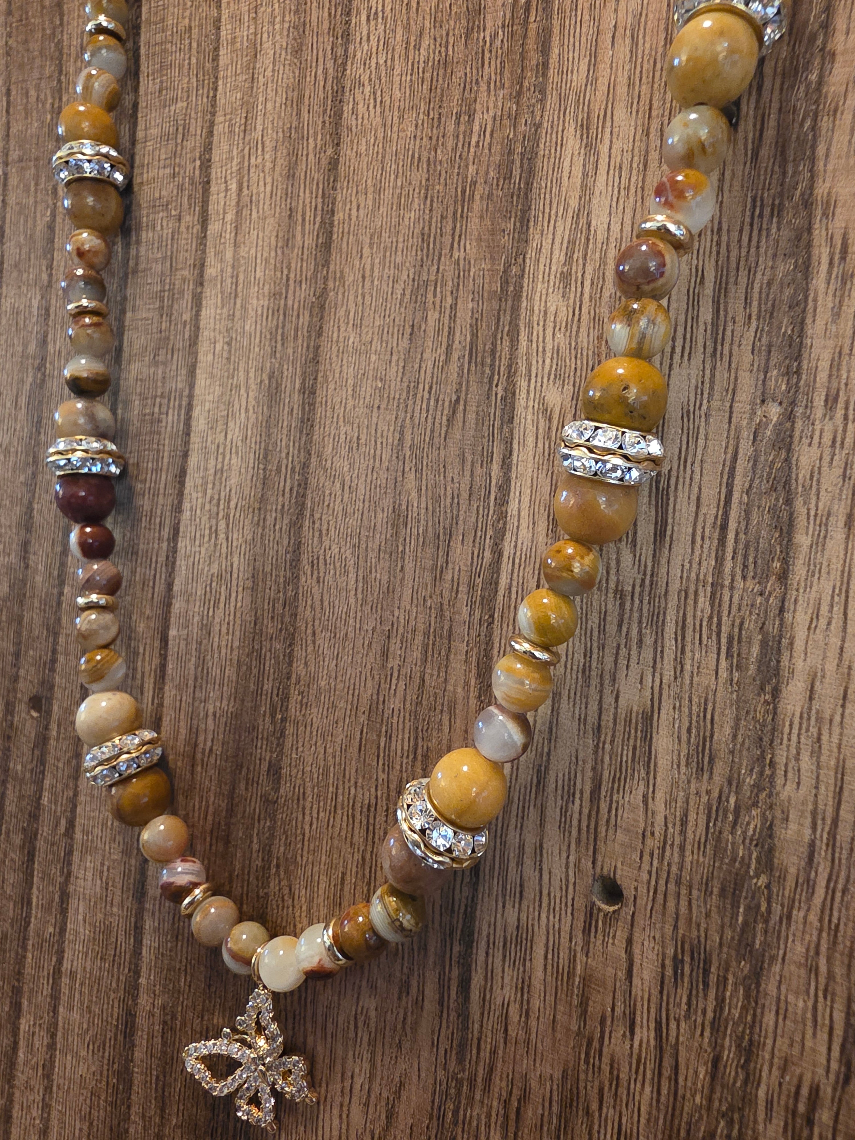 22" Banded Agate & Jasper Necklace Butterfly Pendant Sparkle