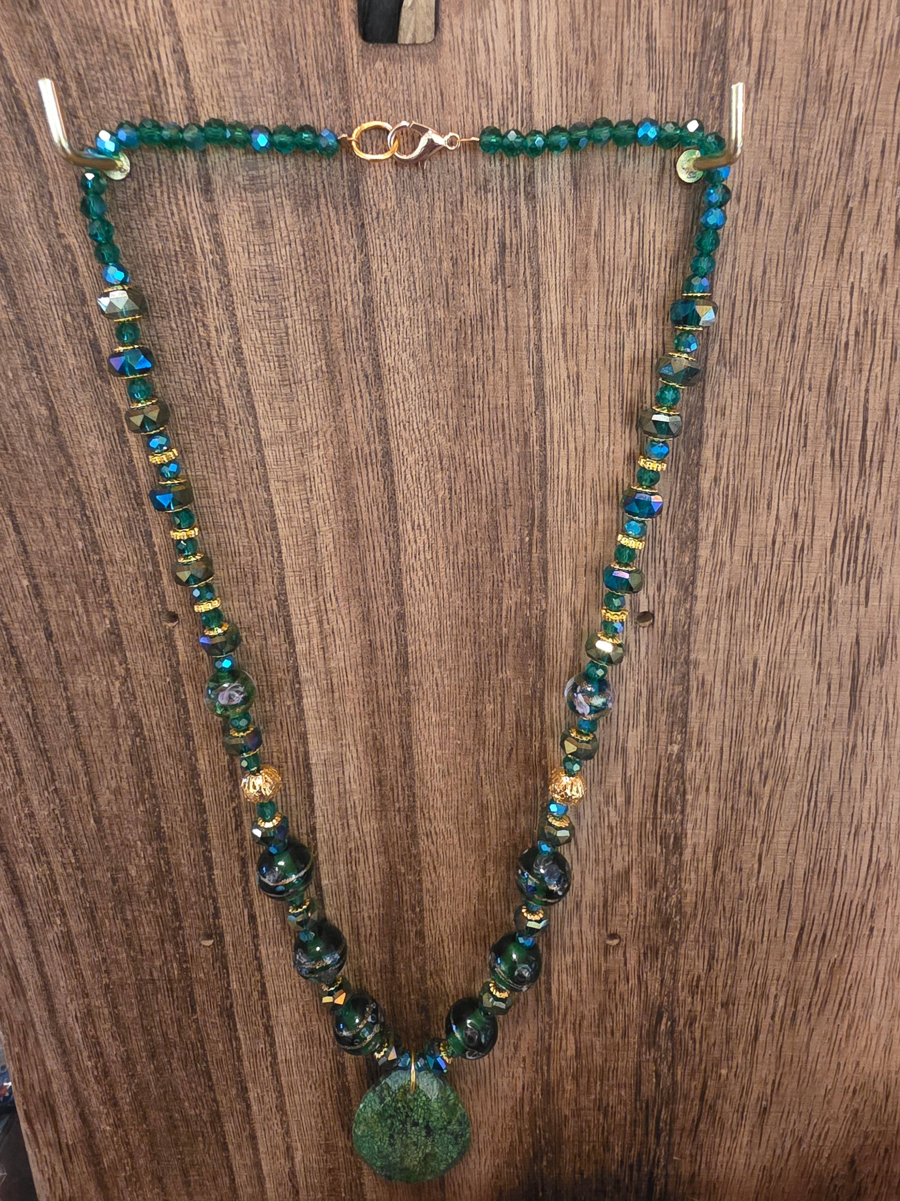 21" Vintage India Lampwork Green Jasper Teardrop Necklace
