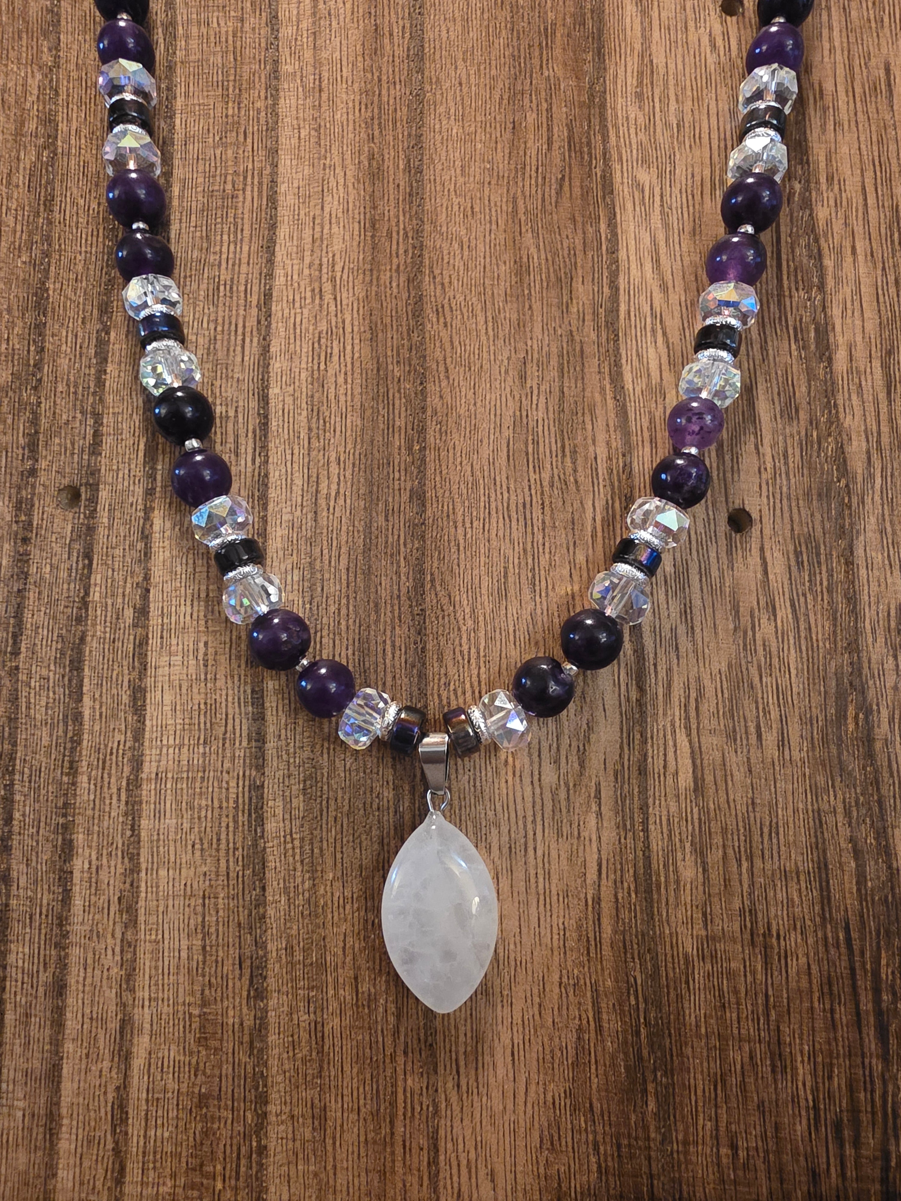 Moonstone Pendant Amethyst & Lavender Glass Beaded Necklace 22"