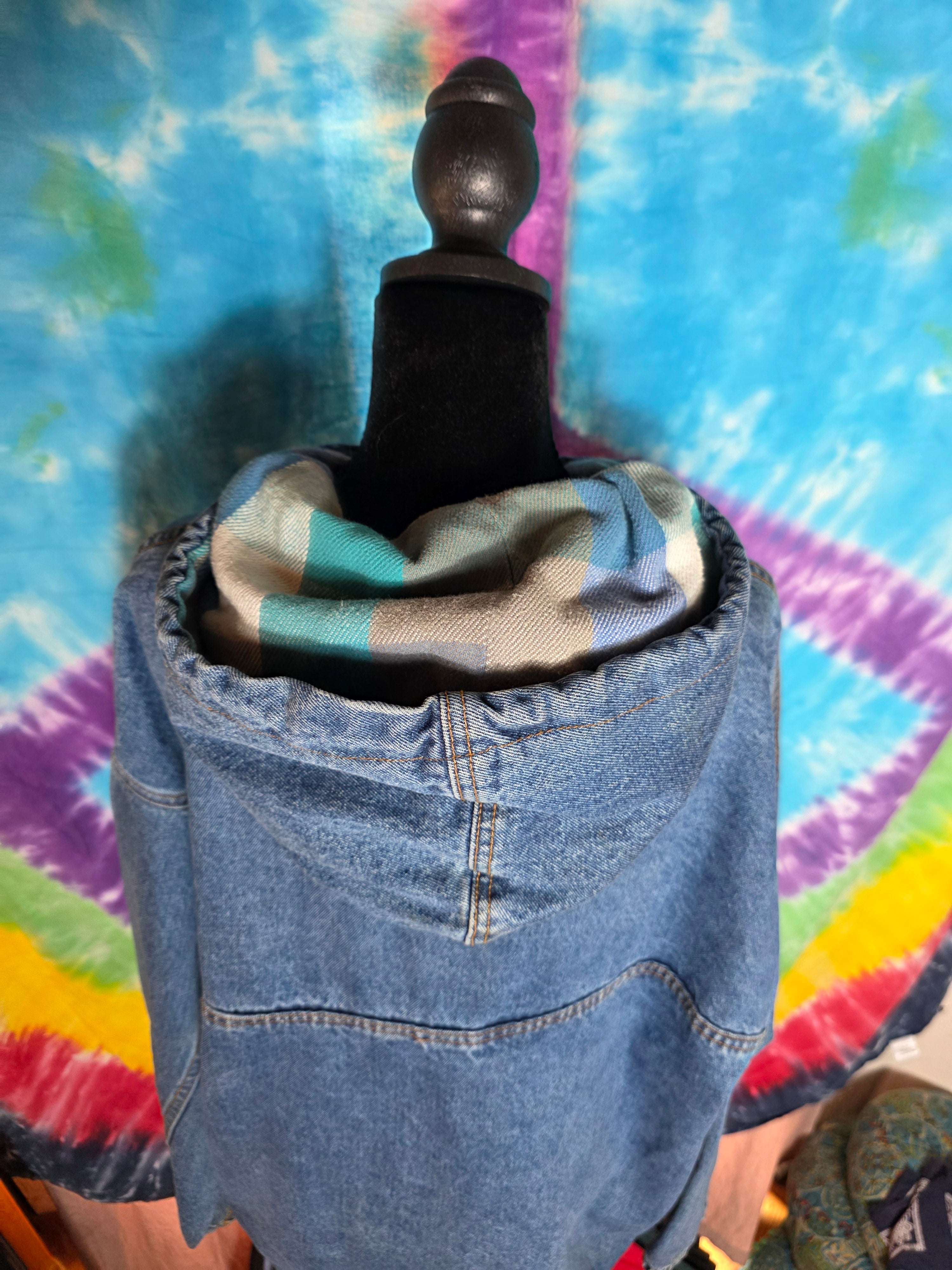 Vtg 90s No Fear Denim Anorak Jacket Medium Flannel Lined Hood