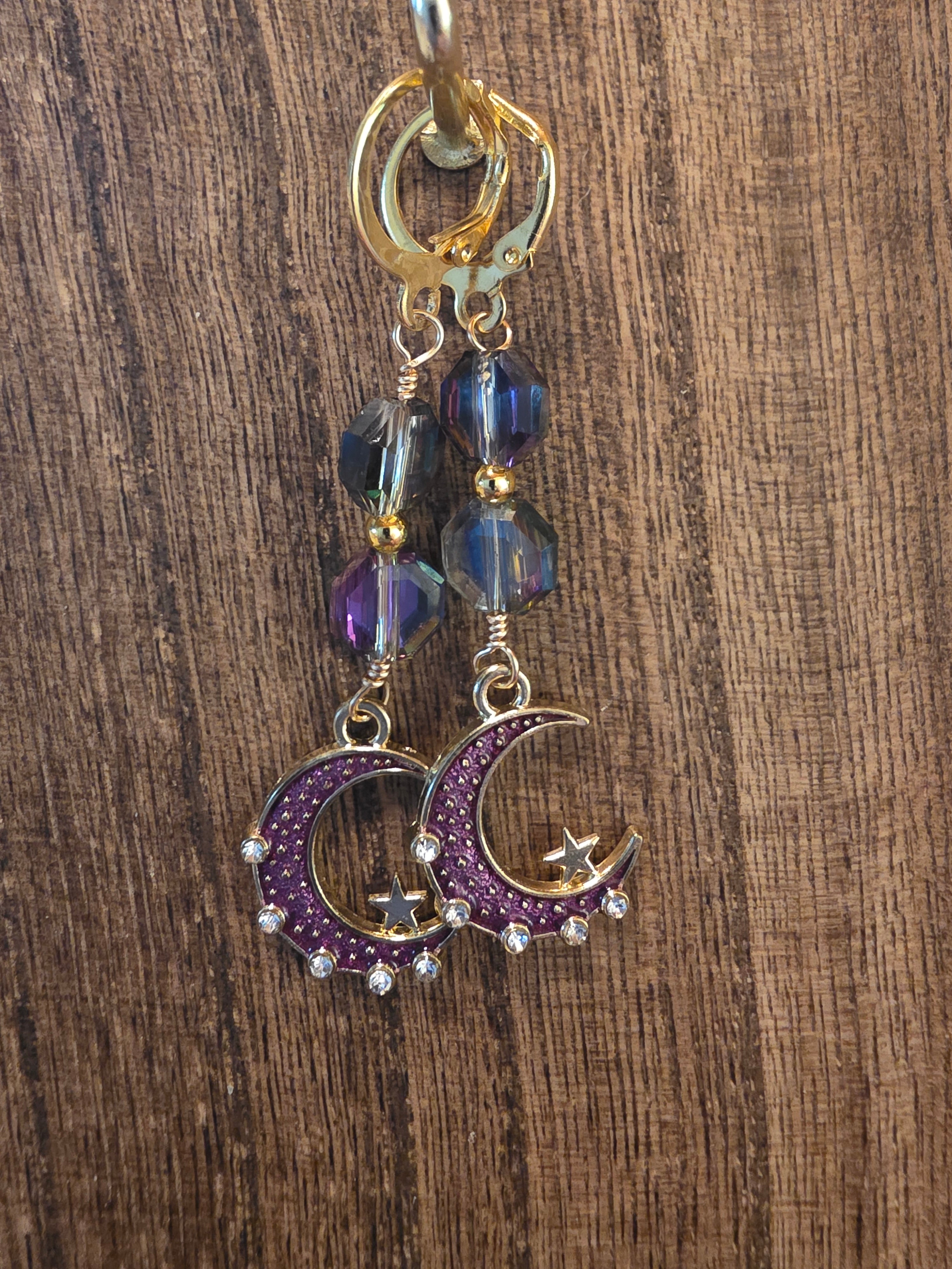 Celestial Purple Crescent Moon & Iridescent Crystal Earrings