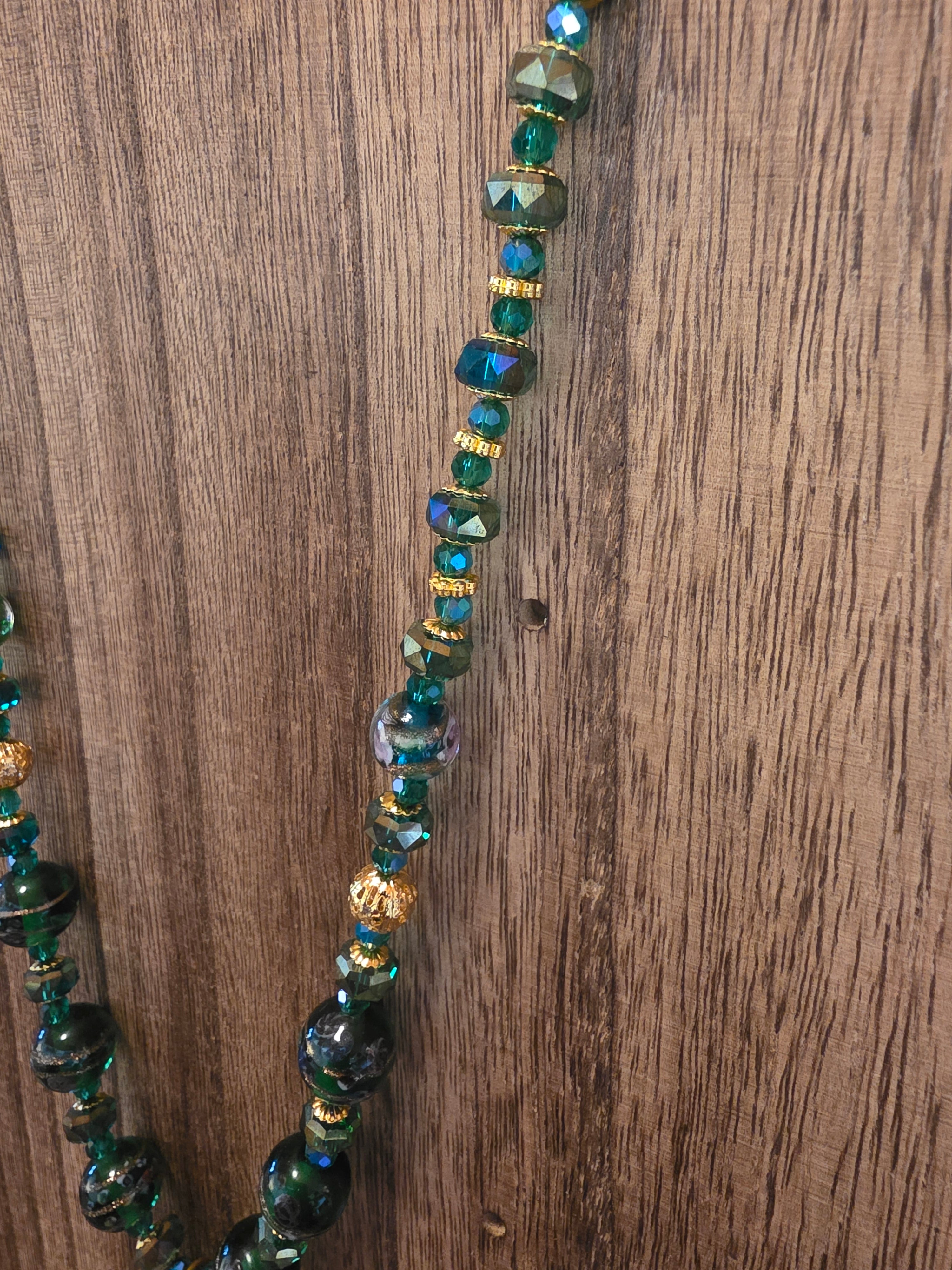 21" Vintage India Lampwork Green Jasper Teardrop Necklace